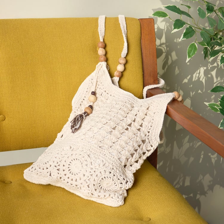 Chic Boho Crocheted Cotton Tote Bag with Wooden Beads & Tassel Accents