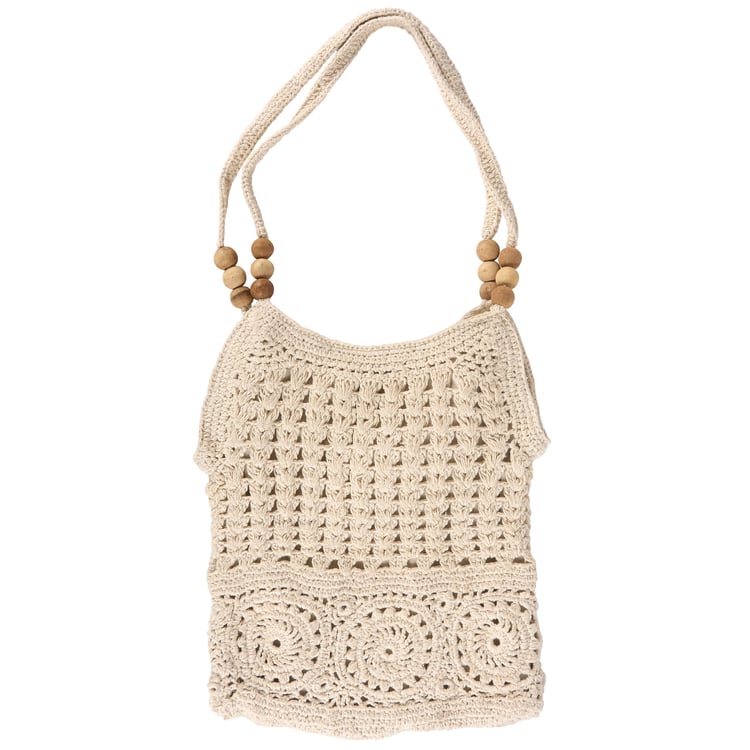 Chic Boho Crocheted Cotton Tote Bag with Wooden Beads & Tassel Accents