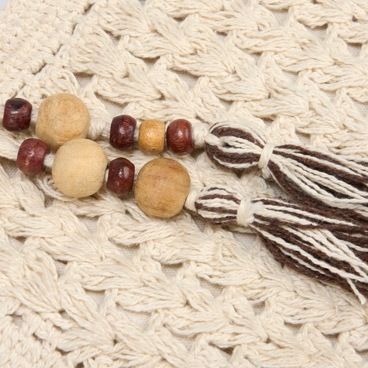 Chic Boho Crocheted Cotton Tote Bag with Wooden Beads & Tassel Accents