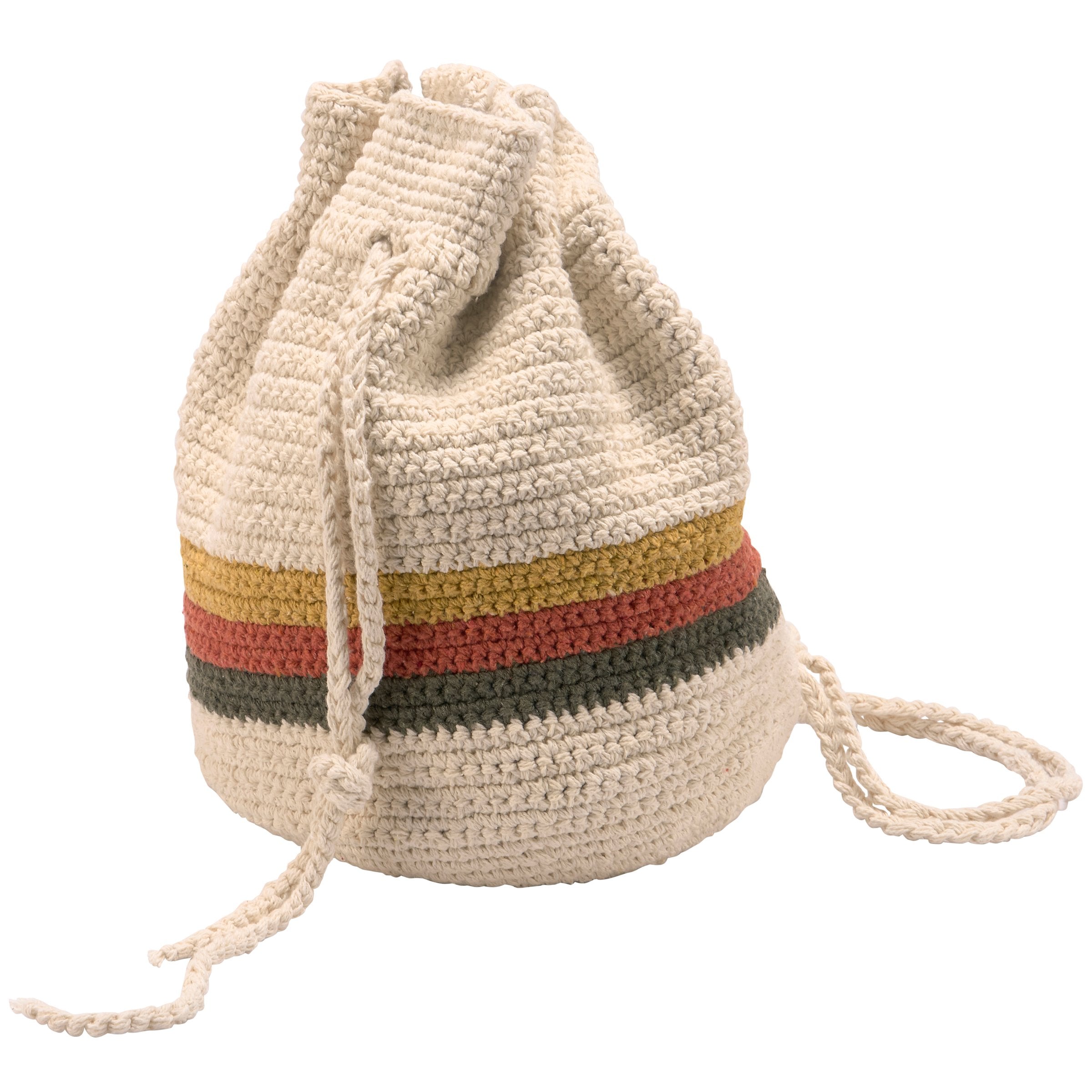 Stylish Cotton Boho Stripe Drawstring Bag with Crochet Straps & Lined Pouch