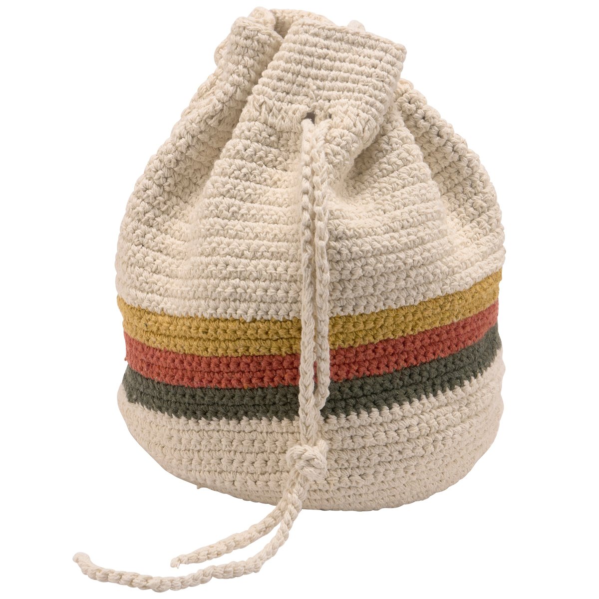 Stylish Cotton Boho Stripe Drawstring Bag with Crochet Straps & Lined Pouch