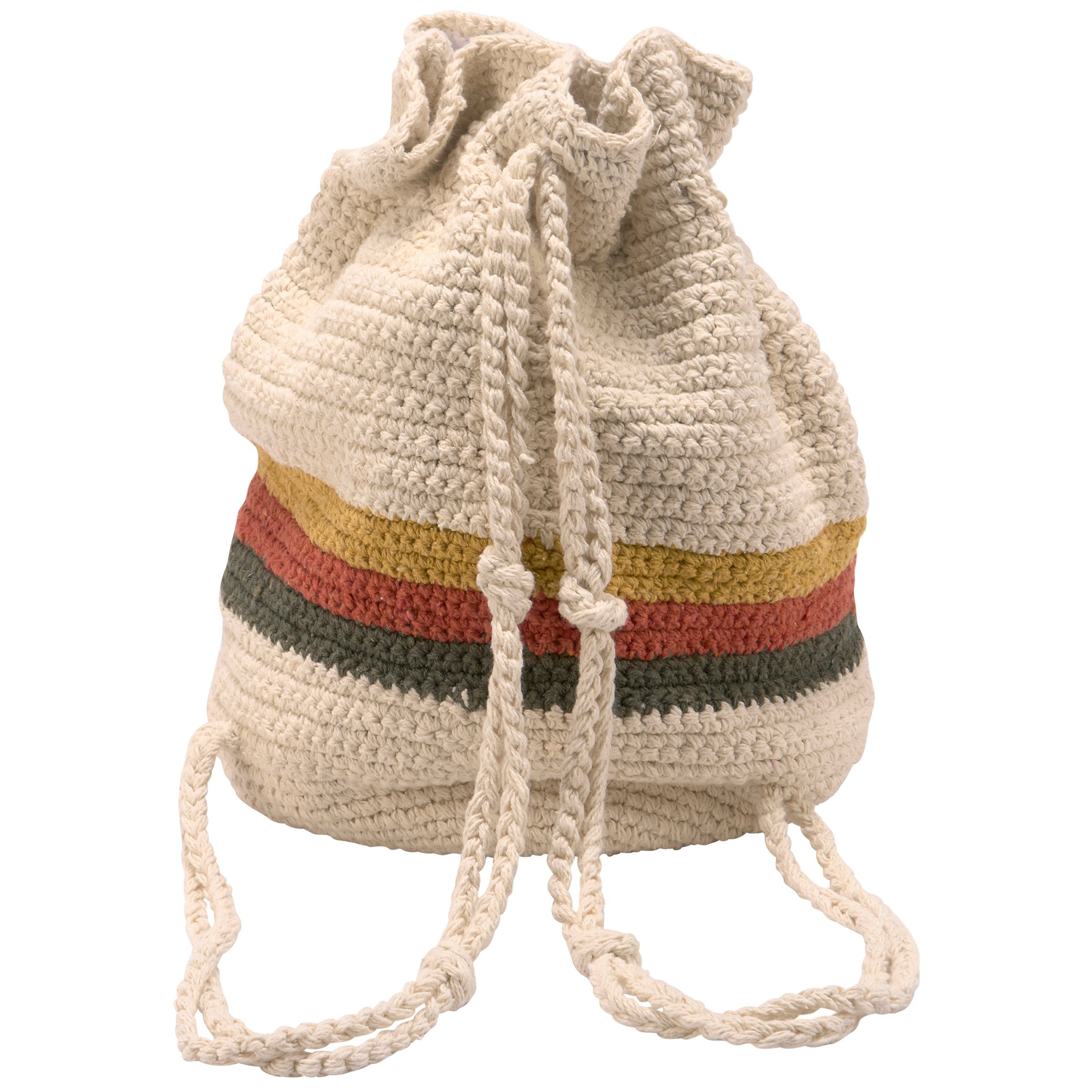 Stylish Cotton Boho Stripe Drawstring Bag with Crochet Straps & Lined Pouch
