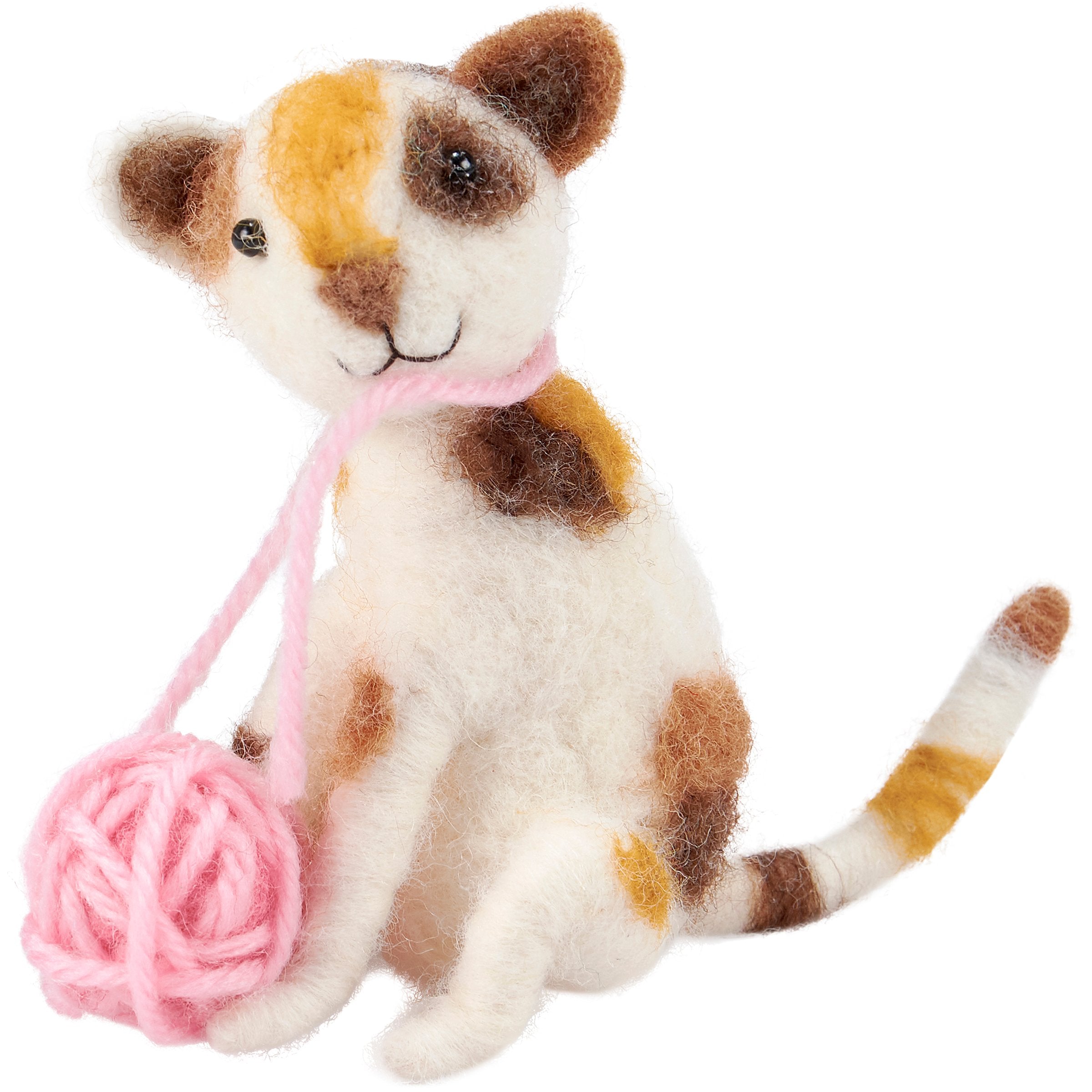 Charming Felt Kitten Critter with Pink Yarn Ball - Adorable Home Decor Accent