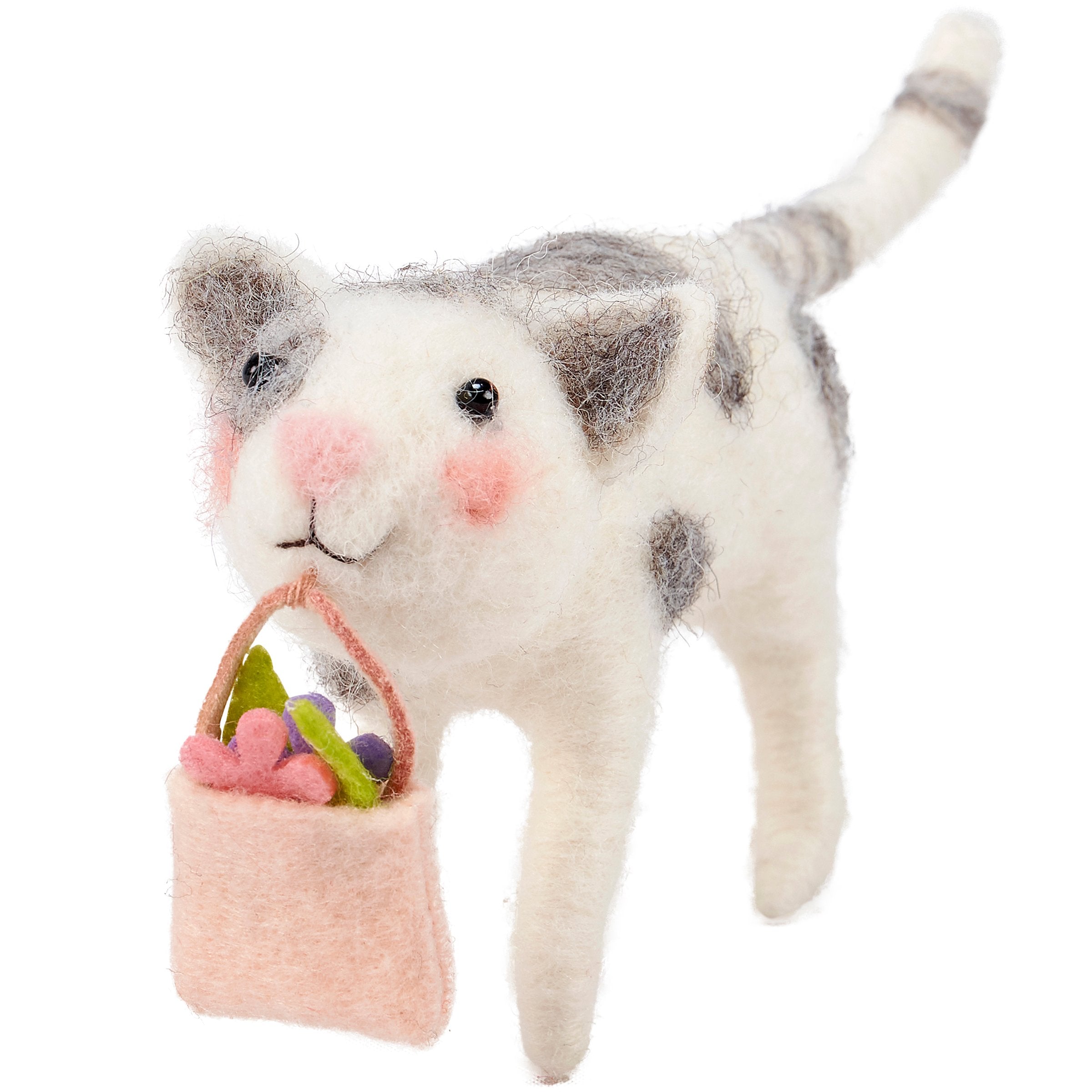 Charming Felt Cat Critter with Flower Bag, Handmade Decorative Pet Accent Piece