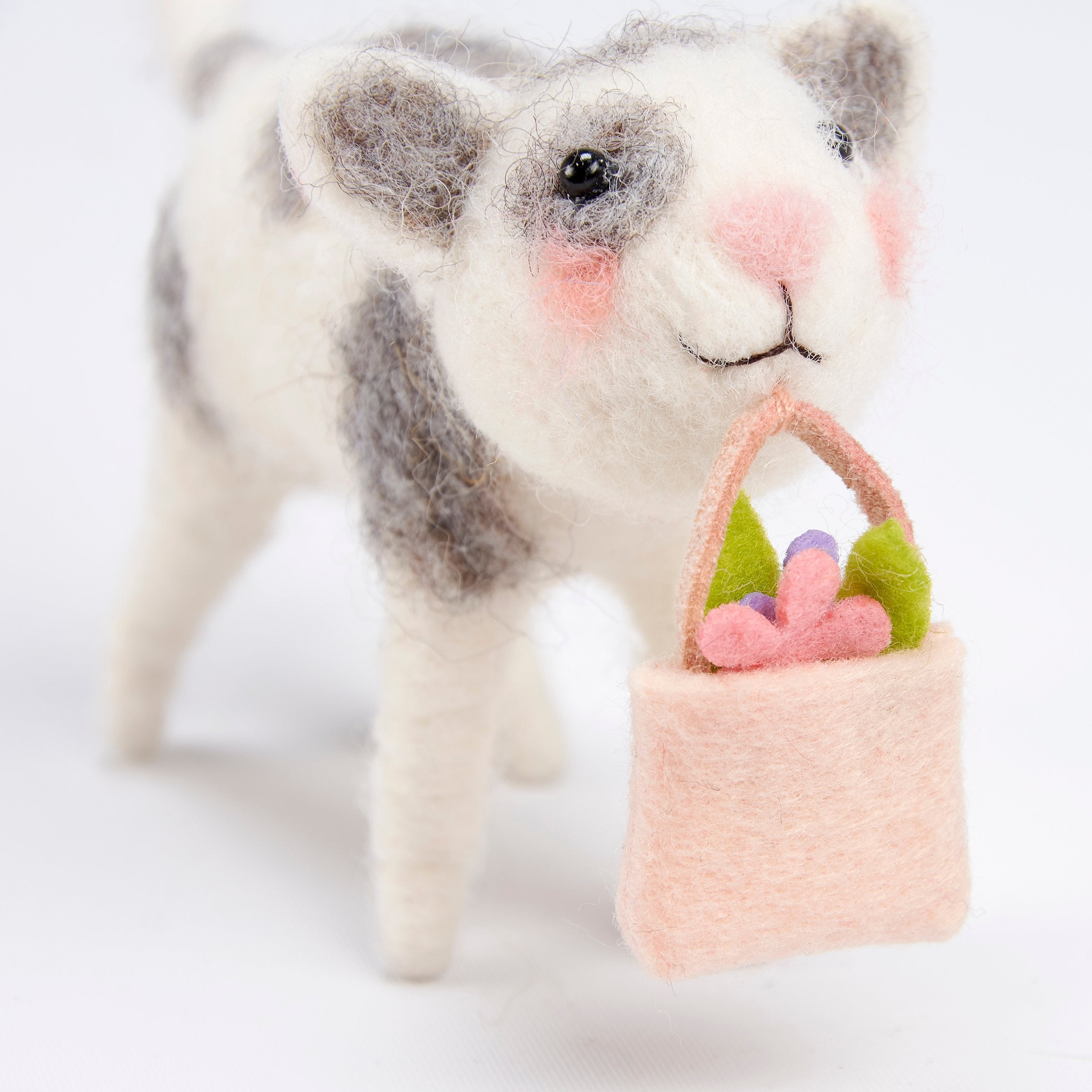 Charming Felt Cat Critter with Flower Bag, Handmade Decorative Pet Accent Piece