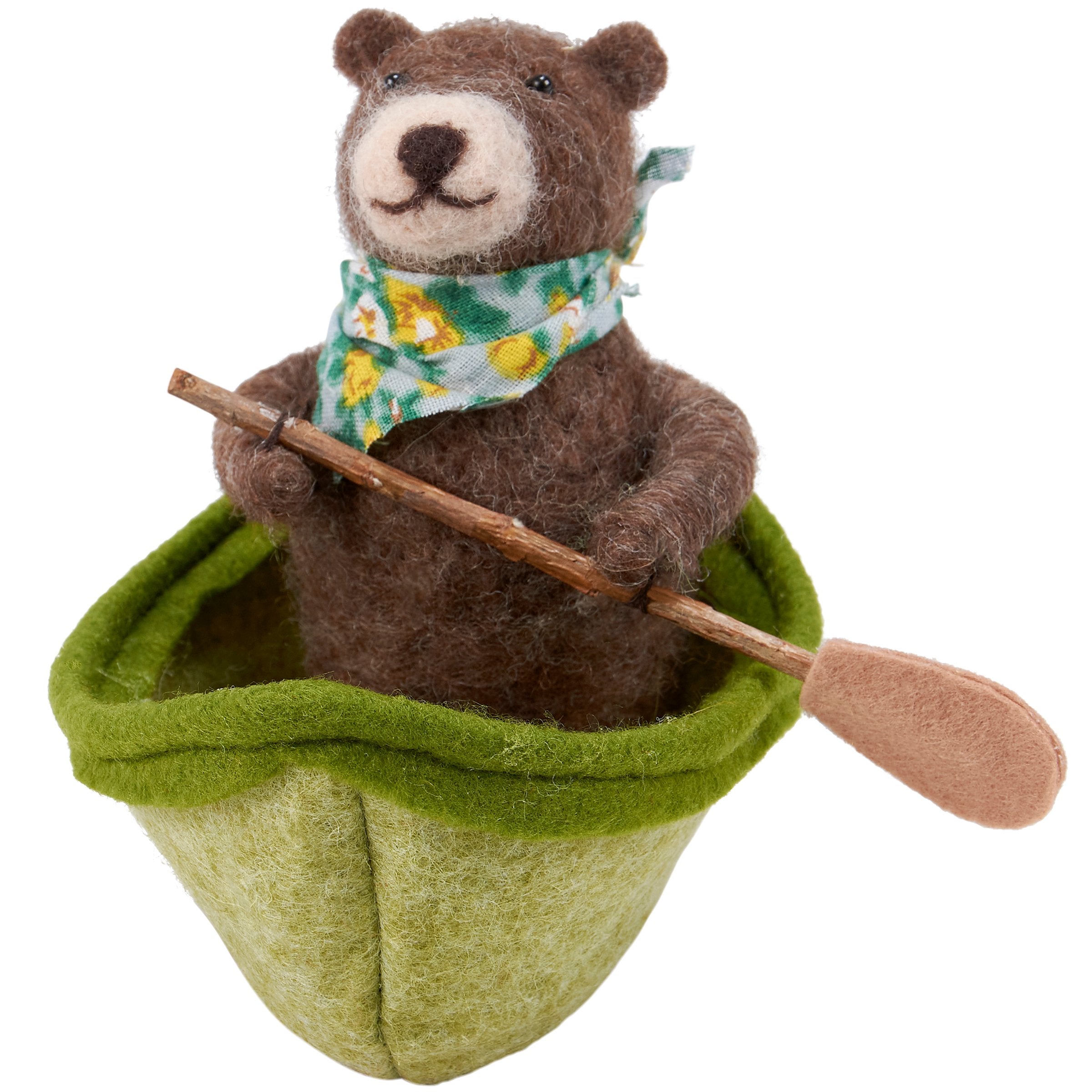 Charming Woodland Bear Critter in Green Rowboat with Paddle & Handkerchief Accent