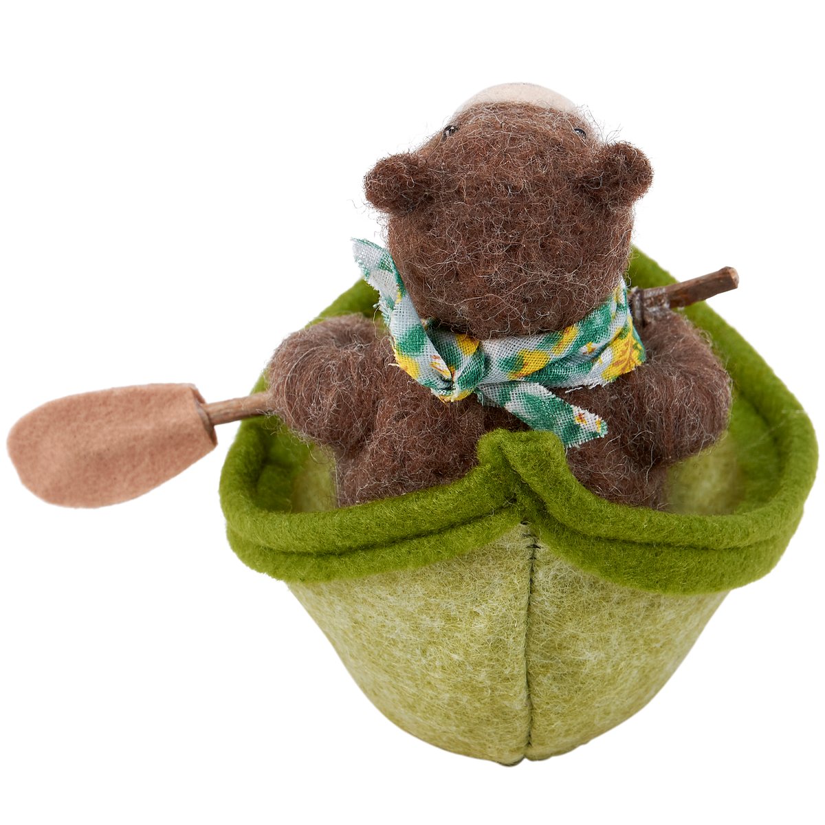 Charming Woodland Bear Critter in Green Rowboat with Paddle & Handkerchief Accent