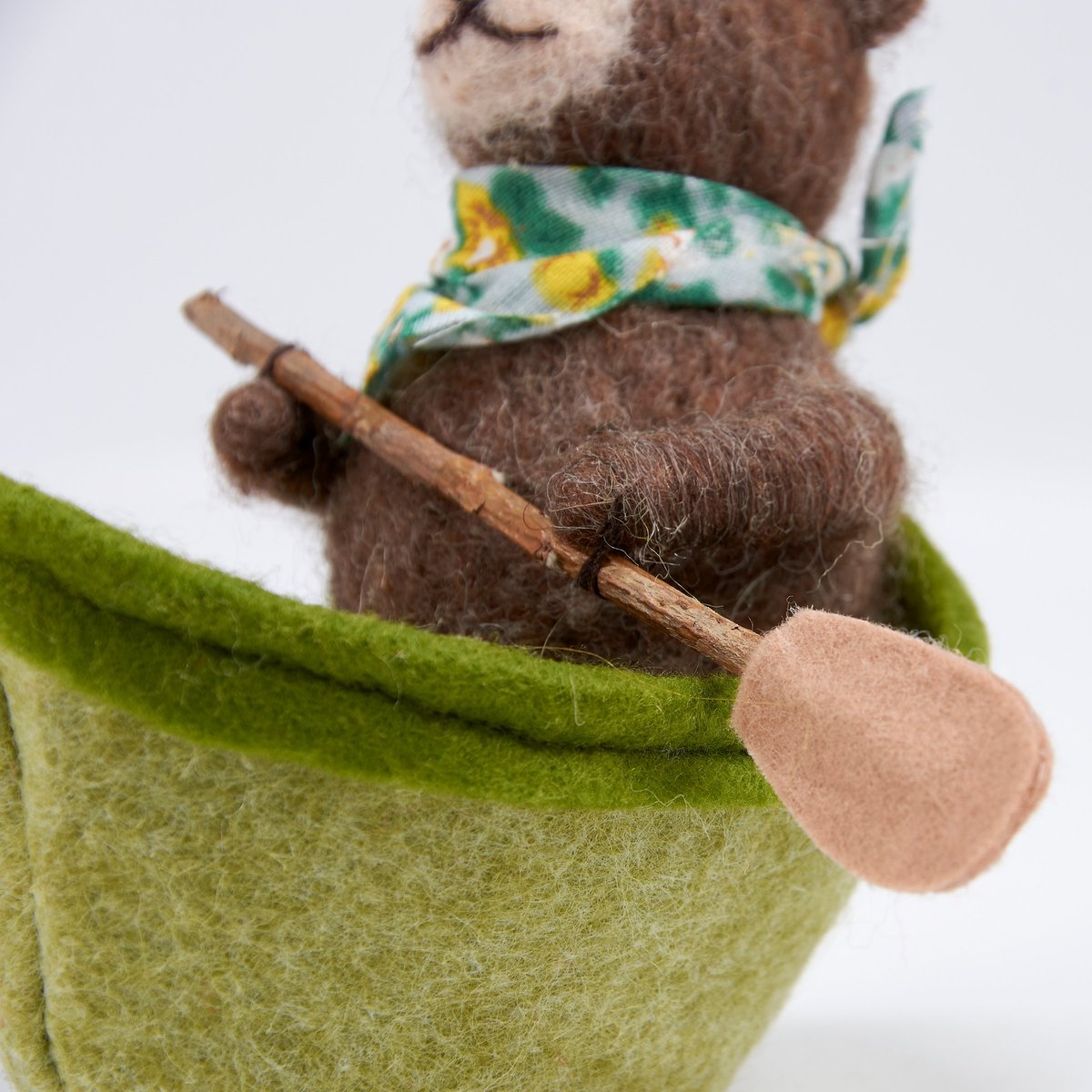Charming Woodland Bear Critter in Green Rowboat with Paddle & Handkerchief Accent