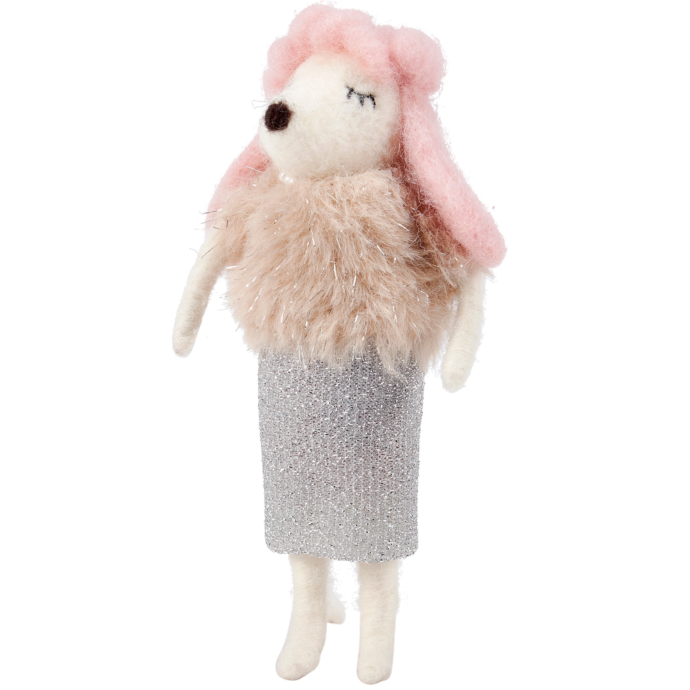 Chic Felt Poodle Critter Decorative Figurine with Tinsel Accents & Metallic Skirt
