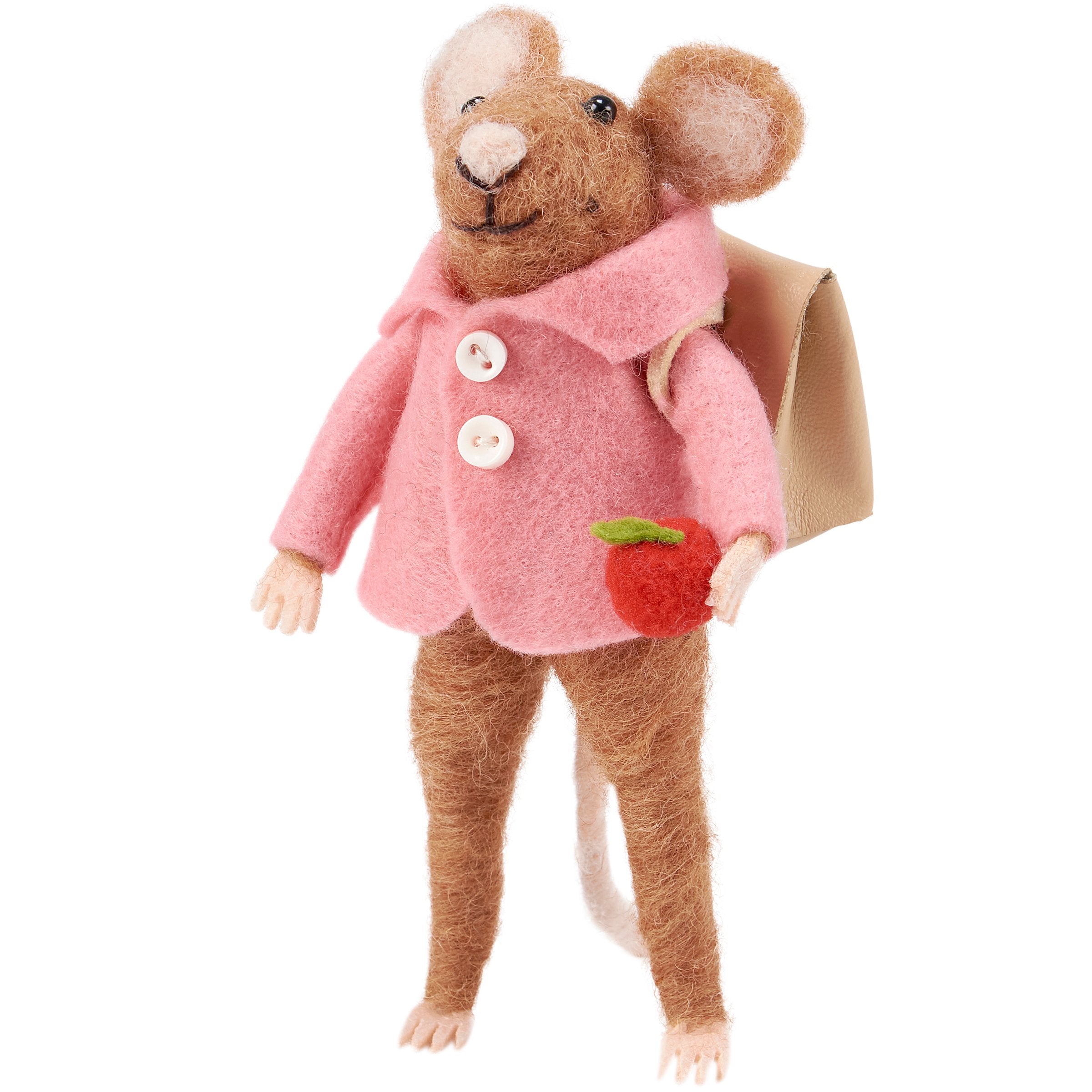 Adorable Felt Student Mouse Critter with Pink Coat, Backpack, and Apple