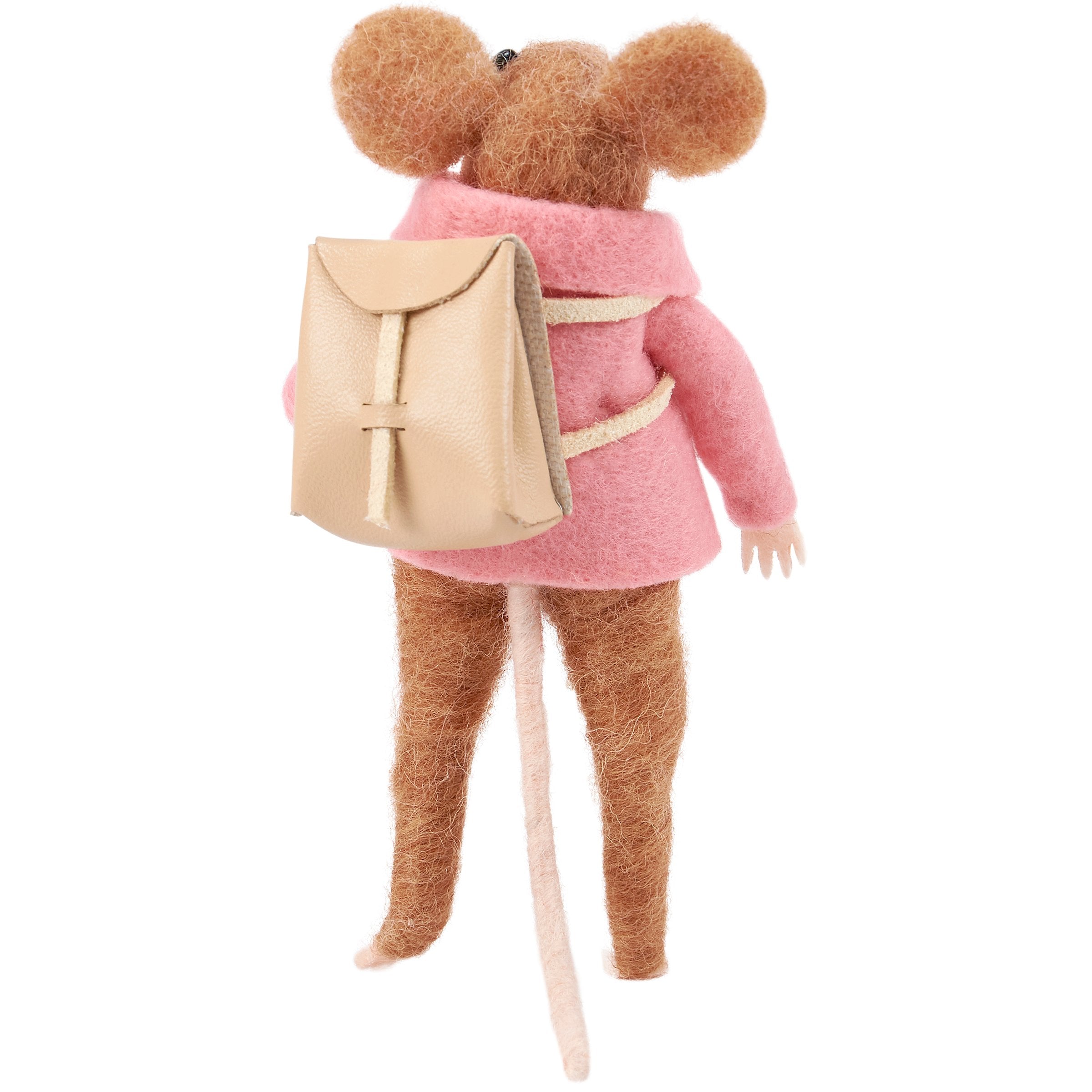Adorable Felt Student Mouse Critter with Pink Coat, Backpack, and Apple