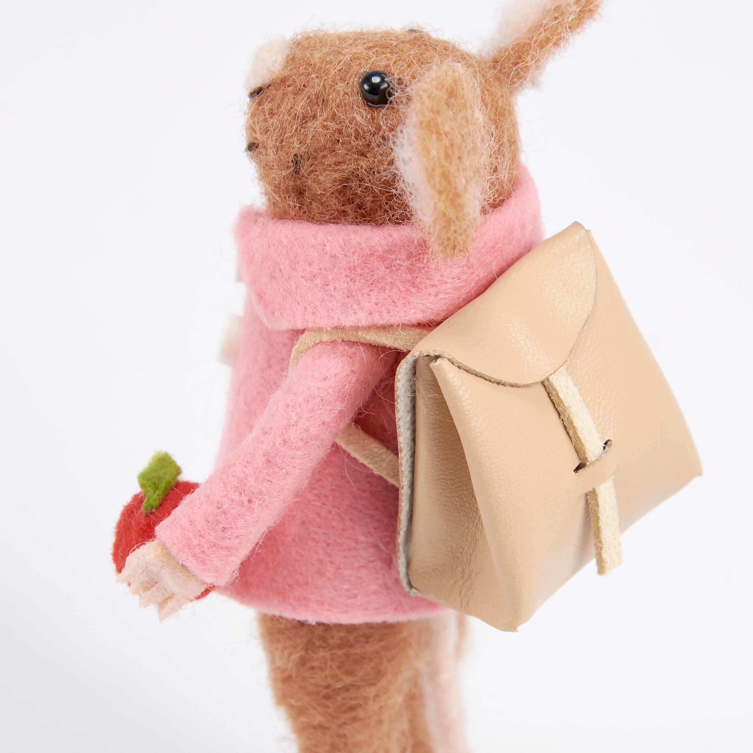 Adorable Felt Student Mouse Critter with Pink Coat, Backpack, and Apple