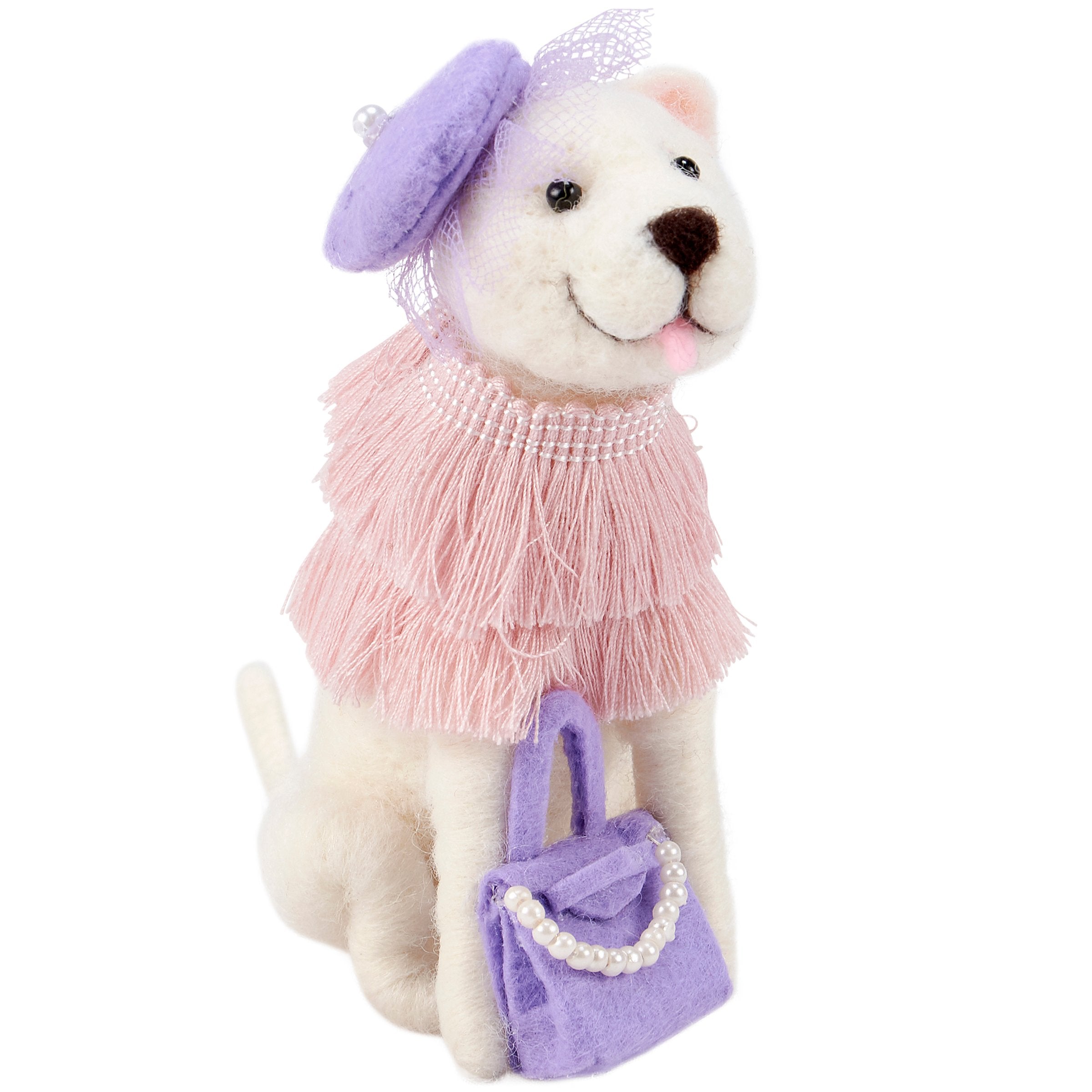 Elegant Flapper Dress Dog Critter Figurine Decor with Pearl Tassel Accents