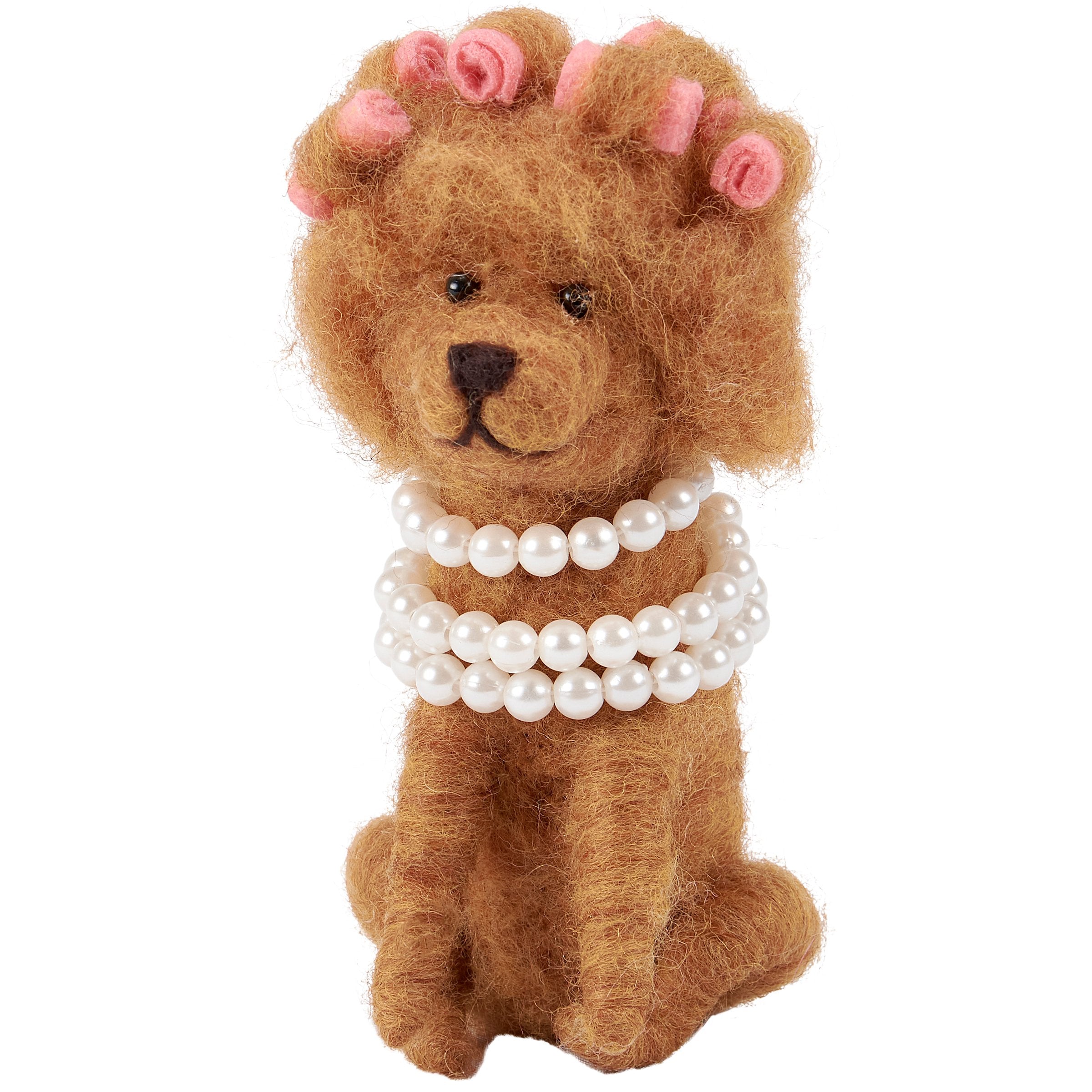 Charming Felt Dog Critter with Pearl Necklace & Pink Curlers - Freestanding Home Accent