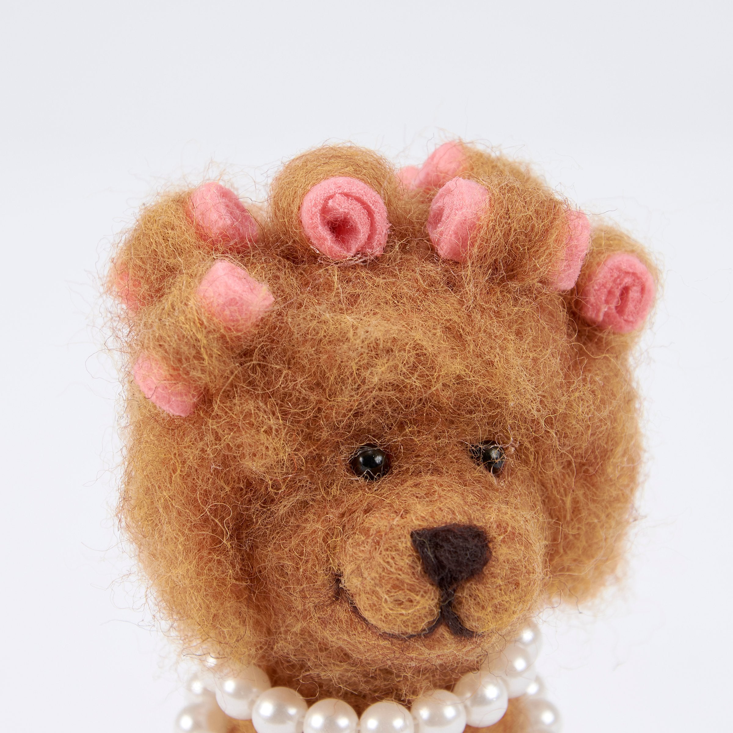 Charming Felt Dog Critter with Pearl Necklace & Pink Curlers - Freestanding Home Accent