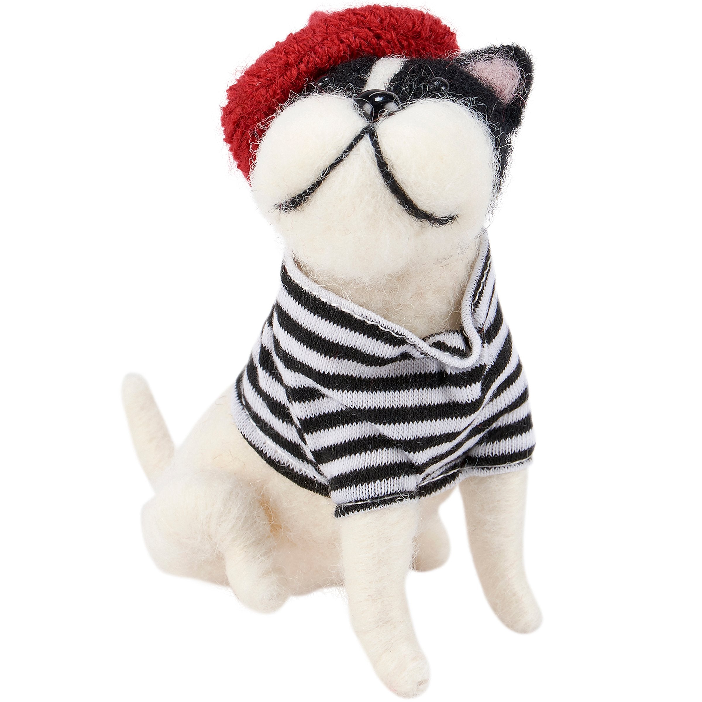 Charming Felt French Bulldog Critter with Stylish Beret and Striped Shirt