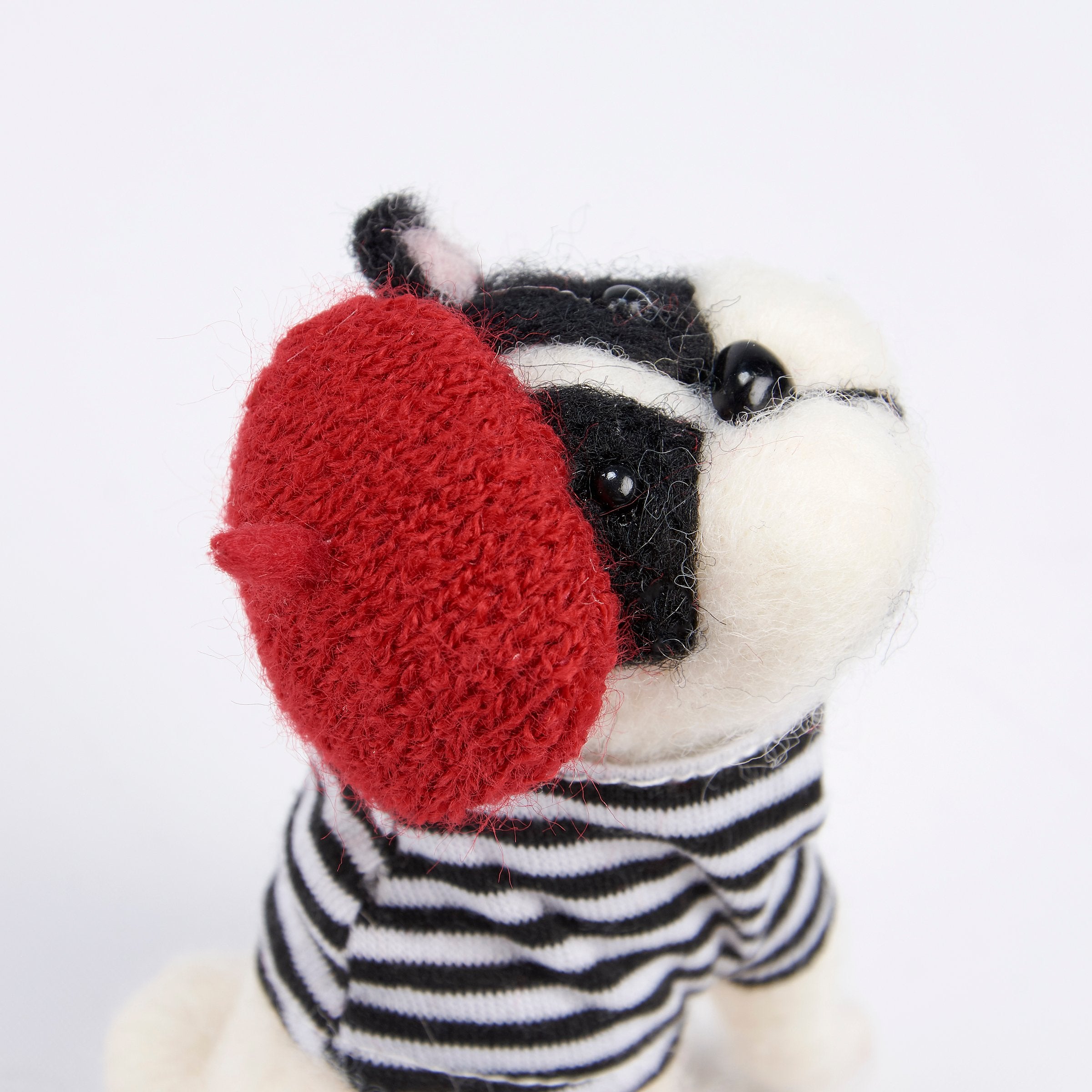 Charming Felt French Bulldog Critter with Stylish Beret and Striped Shirt