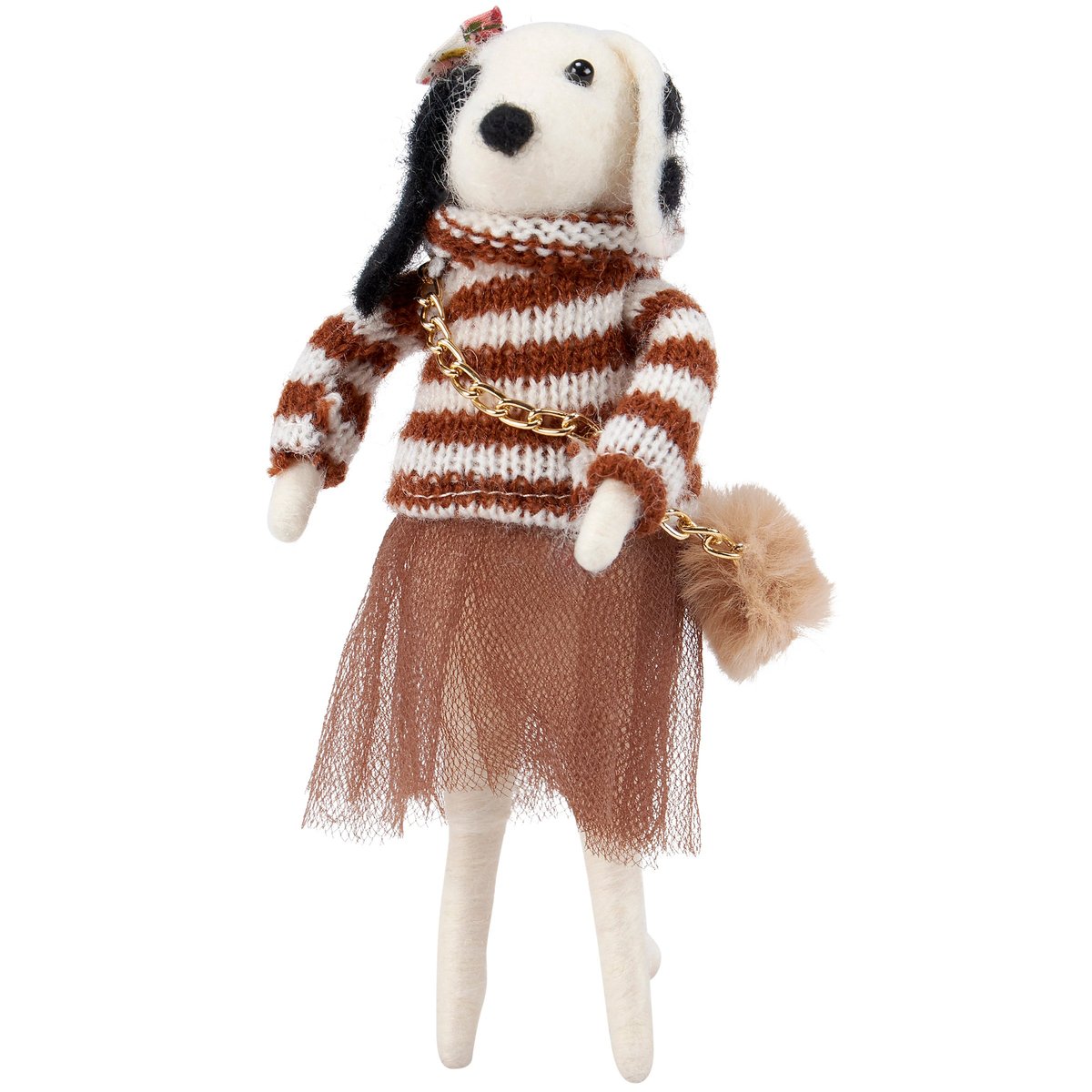Charming Brown Dress Felt Dog Critter with Gold Purse and Bow Home Decor