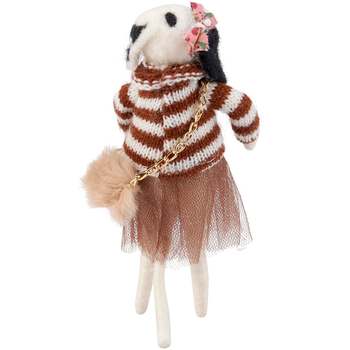 Charming Brown Dress Felt Dog Critter with Gold Purse and Bow Home Decor