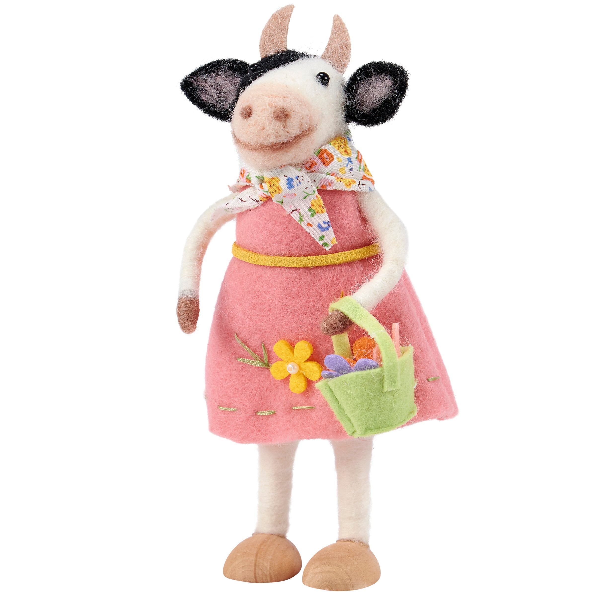 Charming Felt Cow Critter with Flower Basket, Handmade Garden Home Decor Accent
