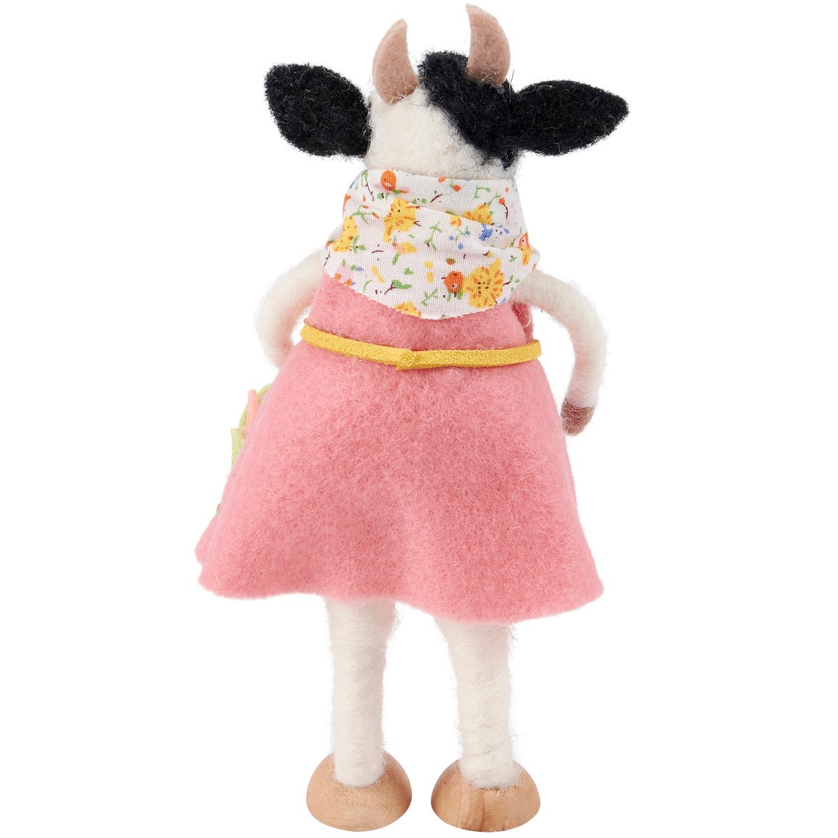 Charming Felt Cow Critter with Flower Basket, Handmade Garden Home Decor Accent