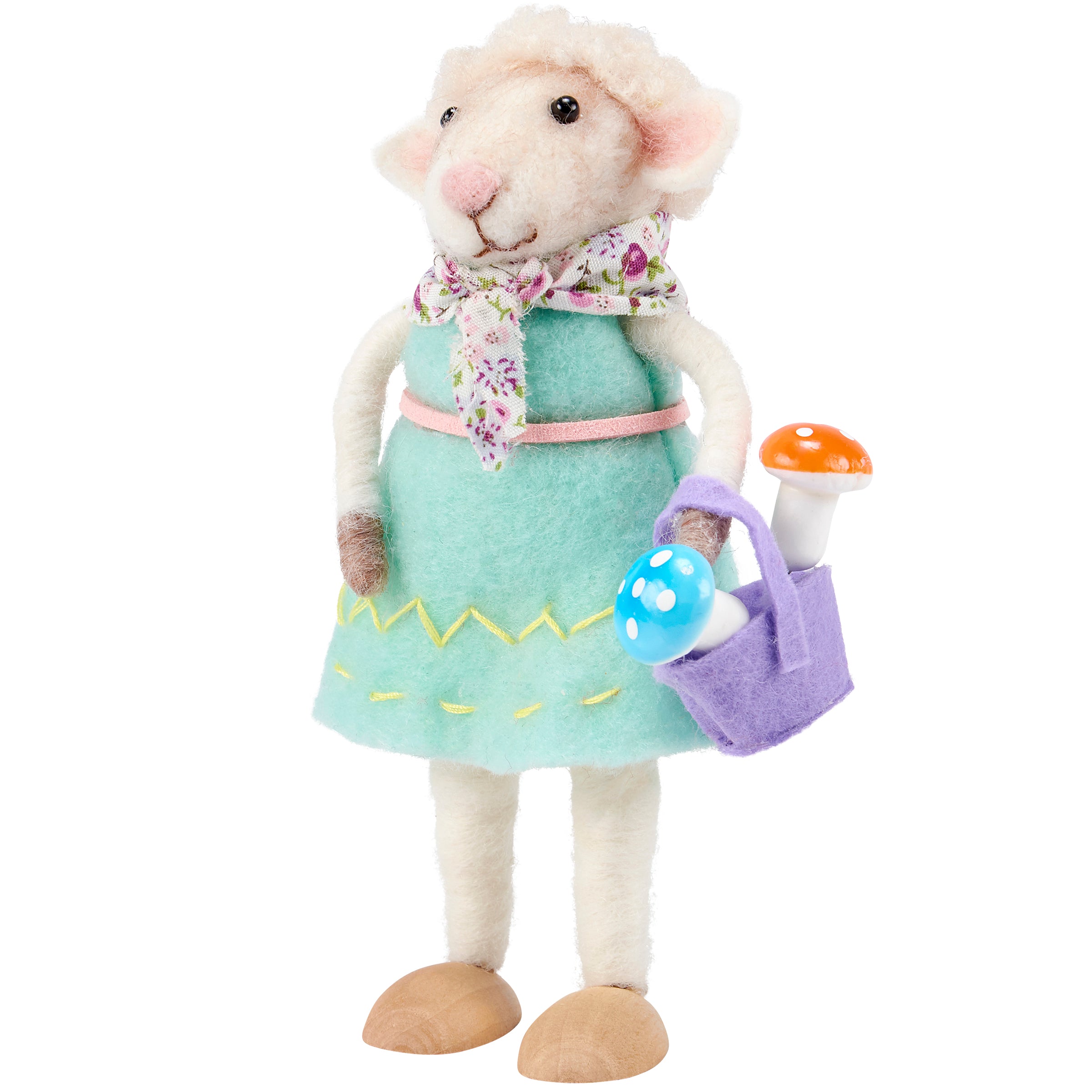 Charming Felt Sheep Critter with Mushroom Basket, Freestanding Garden Decor Accent