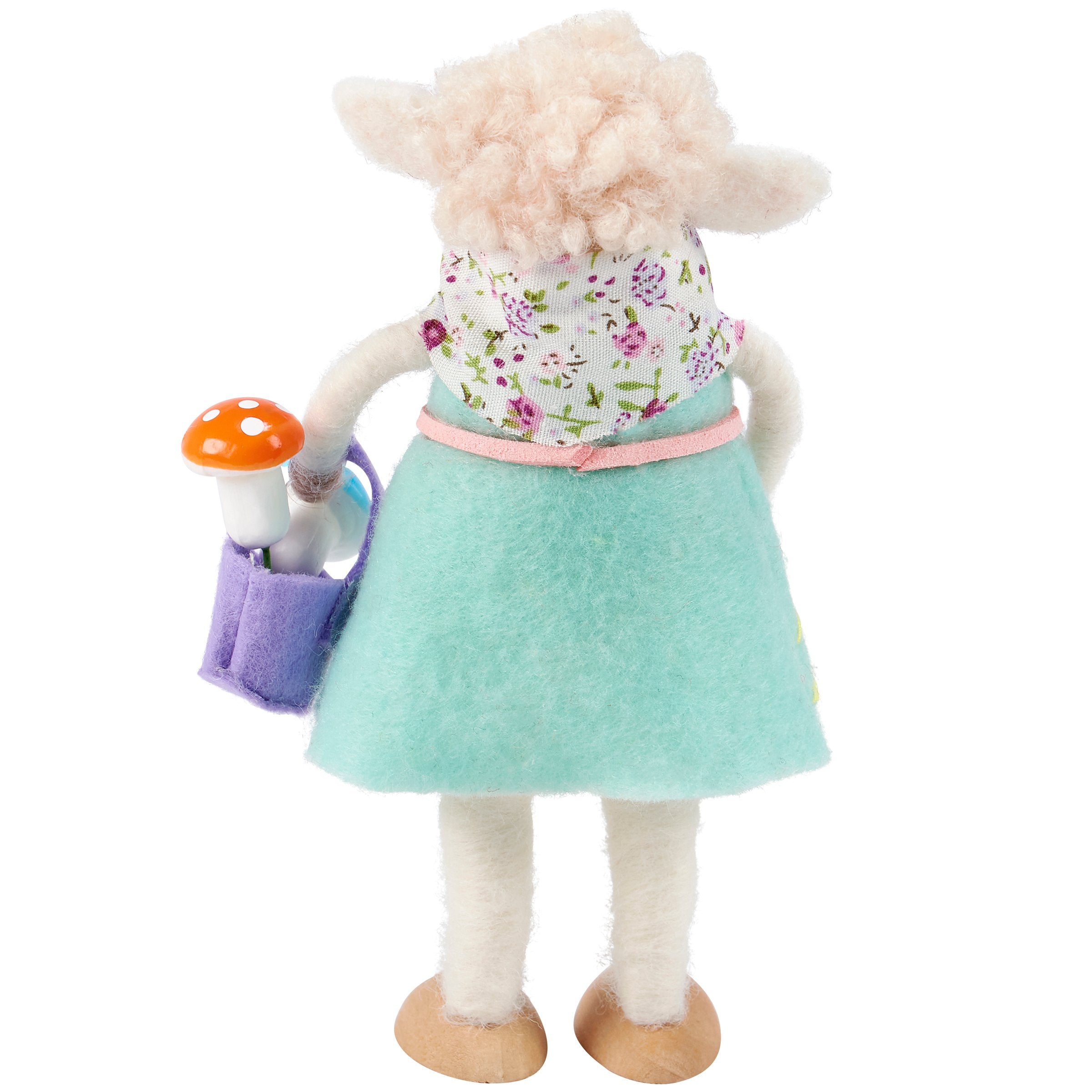 Charming Felt Sheep Critter with Mushroom Basket, Freestanding Garden Decor Accent