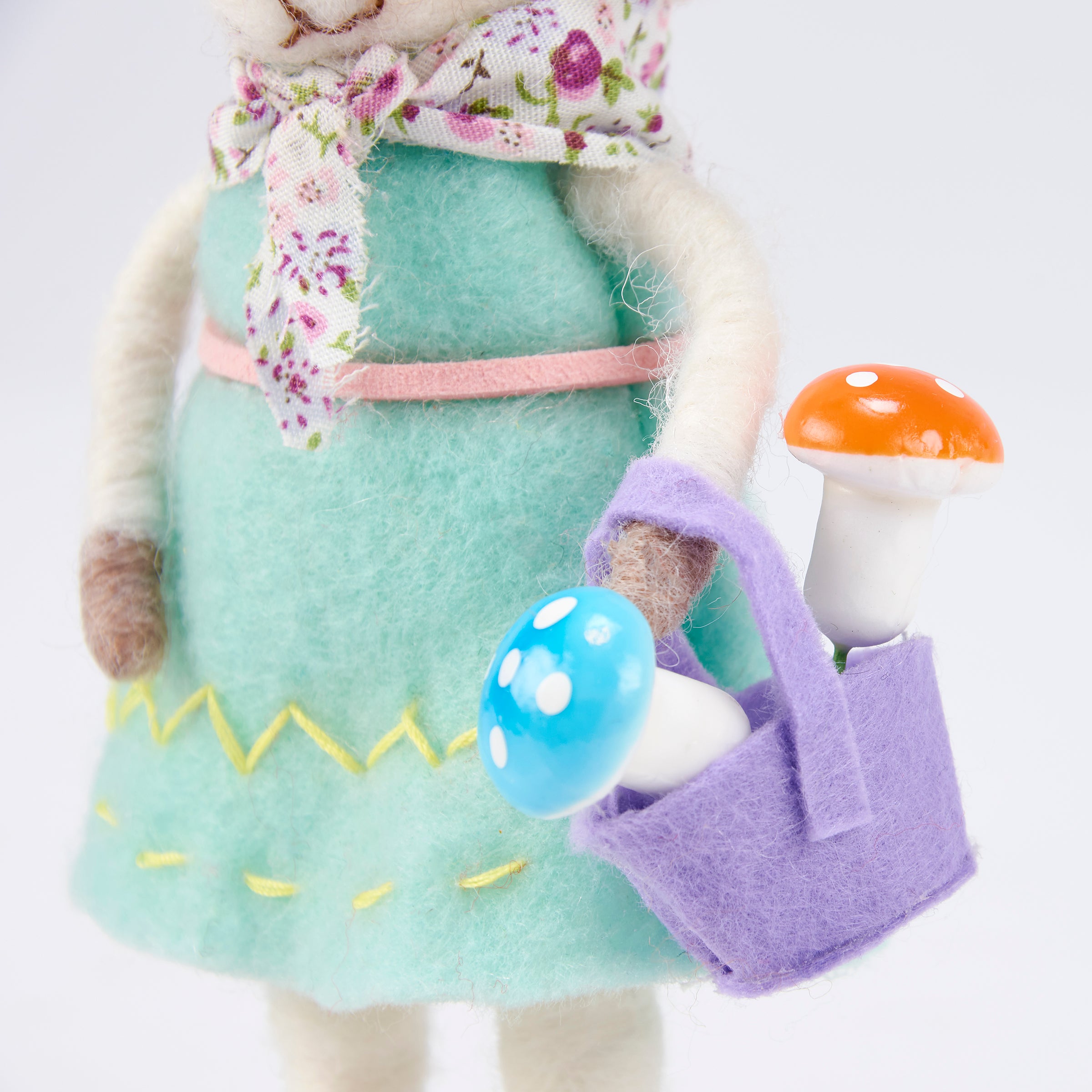 Charming Felt Sheep Critter with Mushroom Basket, Freestanding Garden Decor Accent