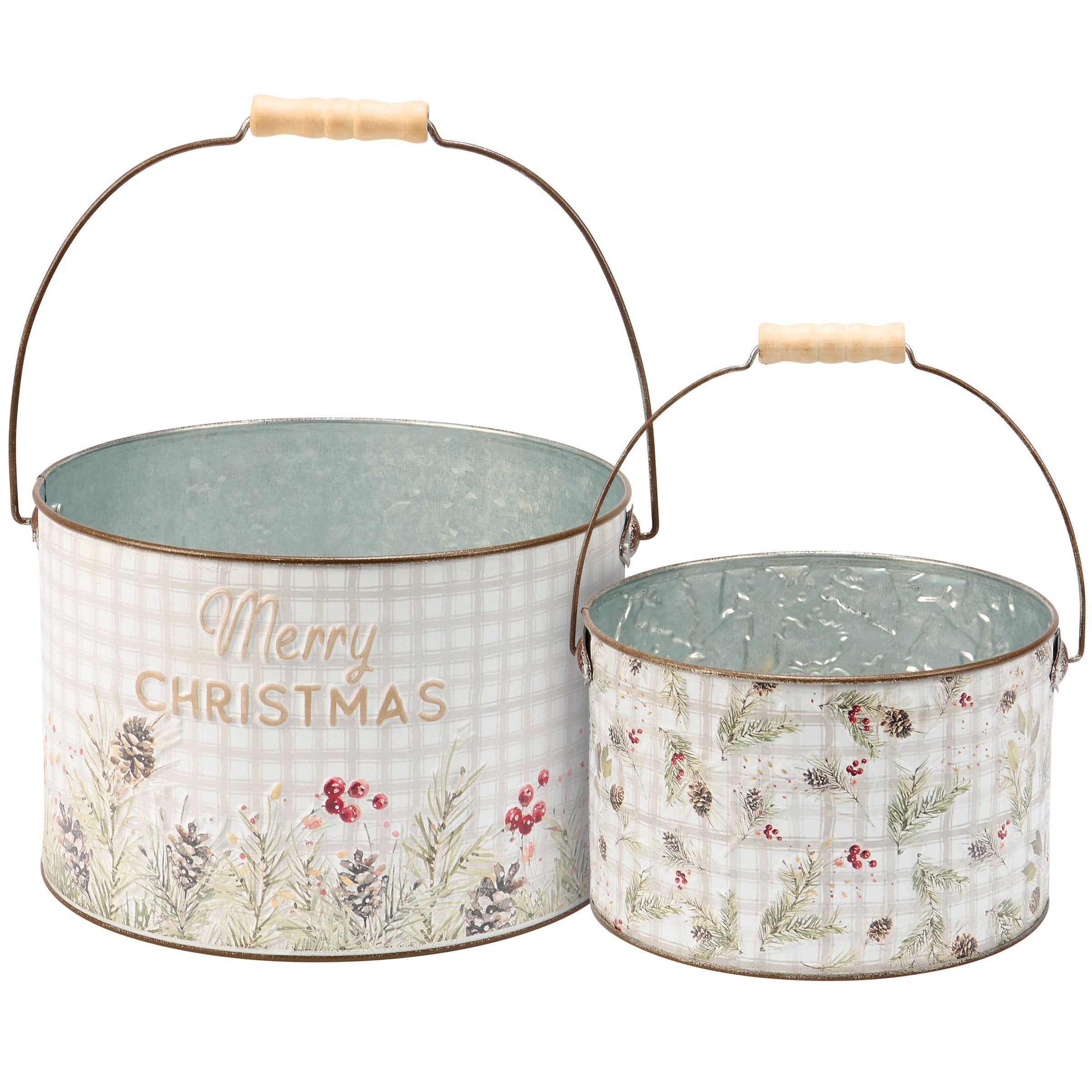 Charming Merry Christmas Greens Nested Decorative Metal Buckets Set with Wood Handles
