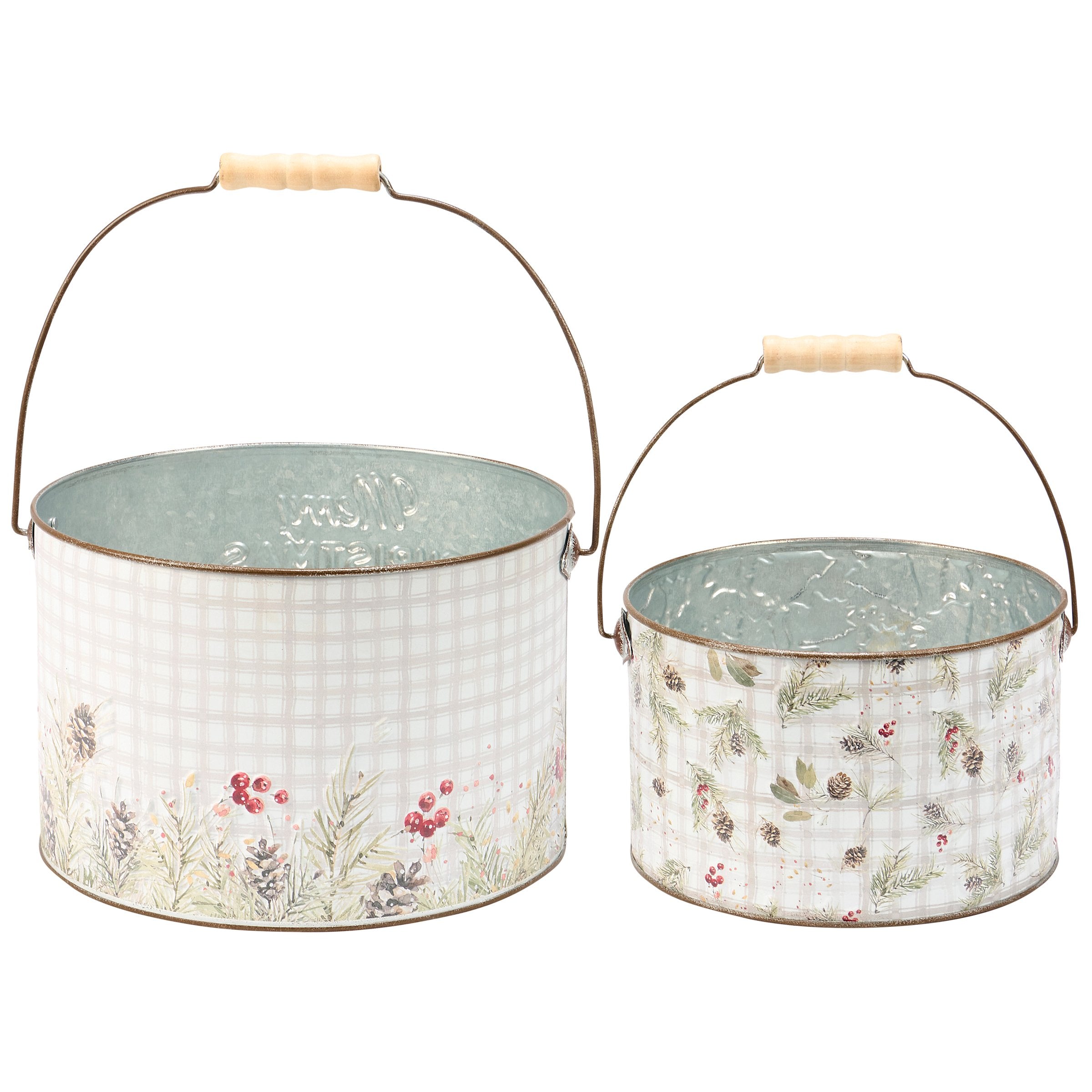 Charming Merry Christmas Greens Nested Decorative Metal Buckets Set with Wood Handles