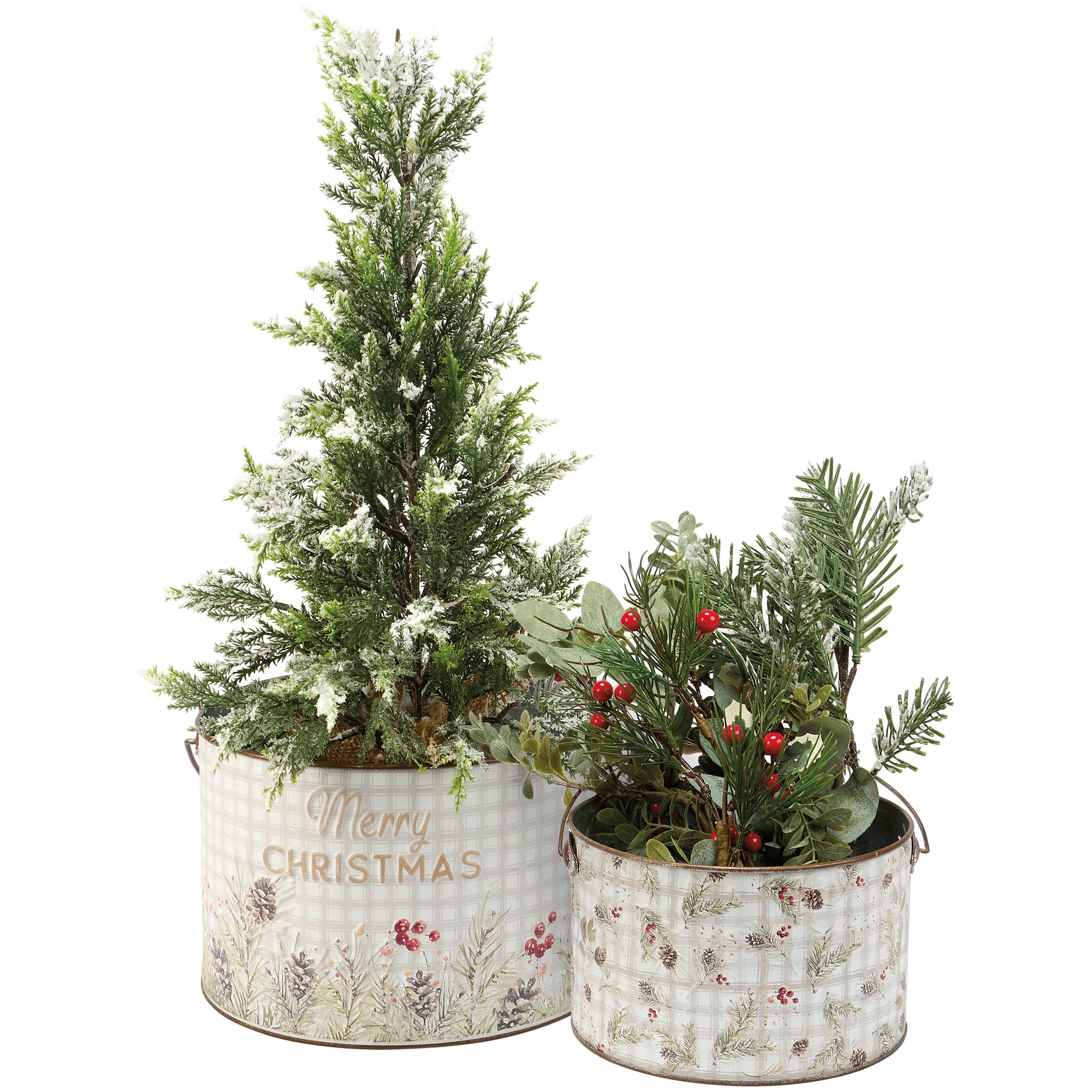 Charming Merry Christmas Greens Nested Decorative Metal Buckets Set with Wood Handles