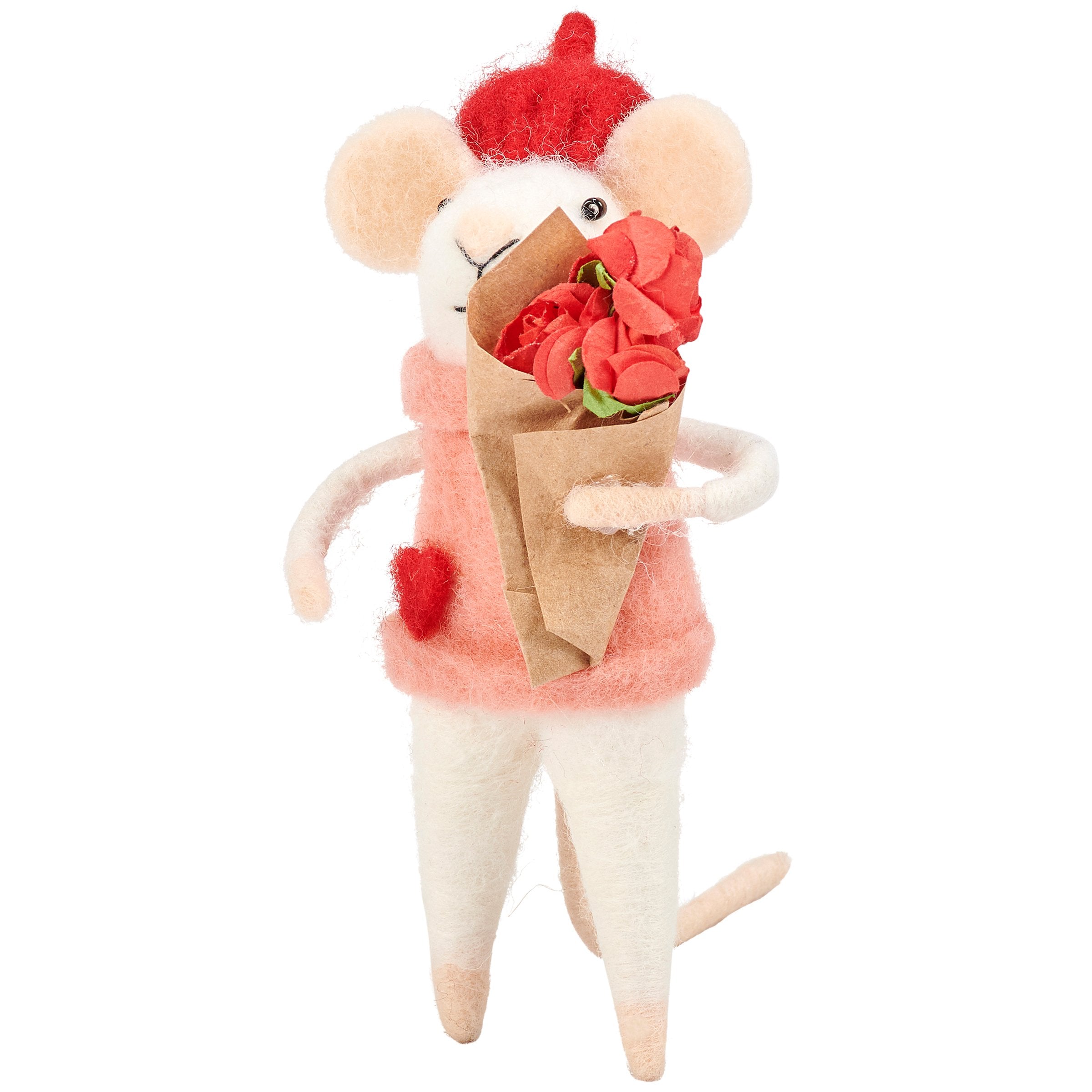 Charming Felt Mouse Critter with Red Paper Rose Bouquet Decoration