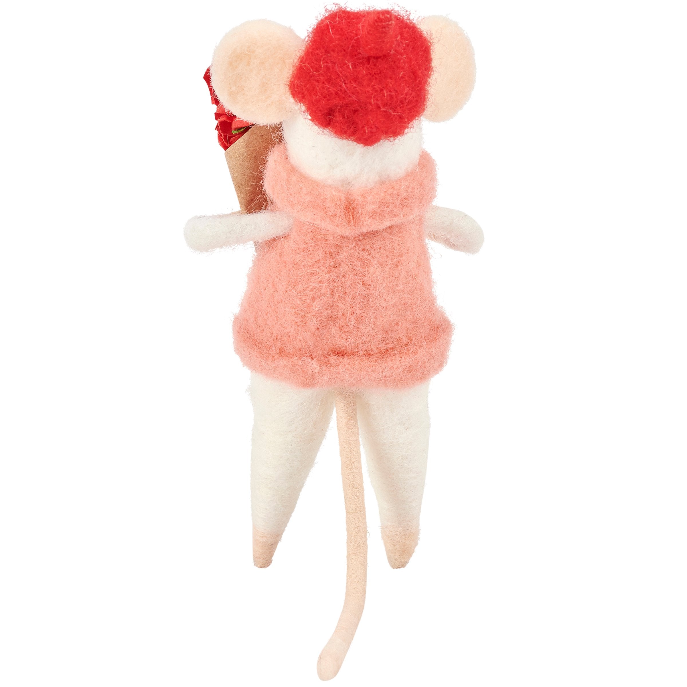 Charming Felt Mouse Critter with Red Paper Rose Bouquet Decoration