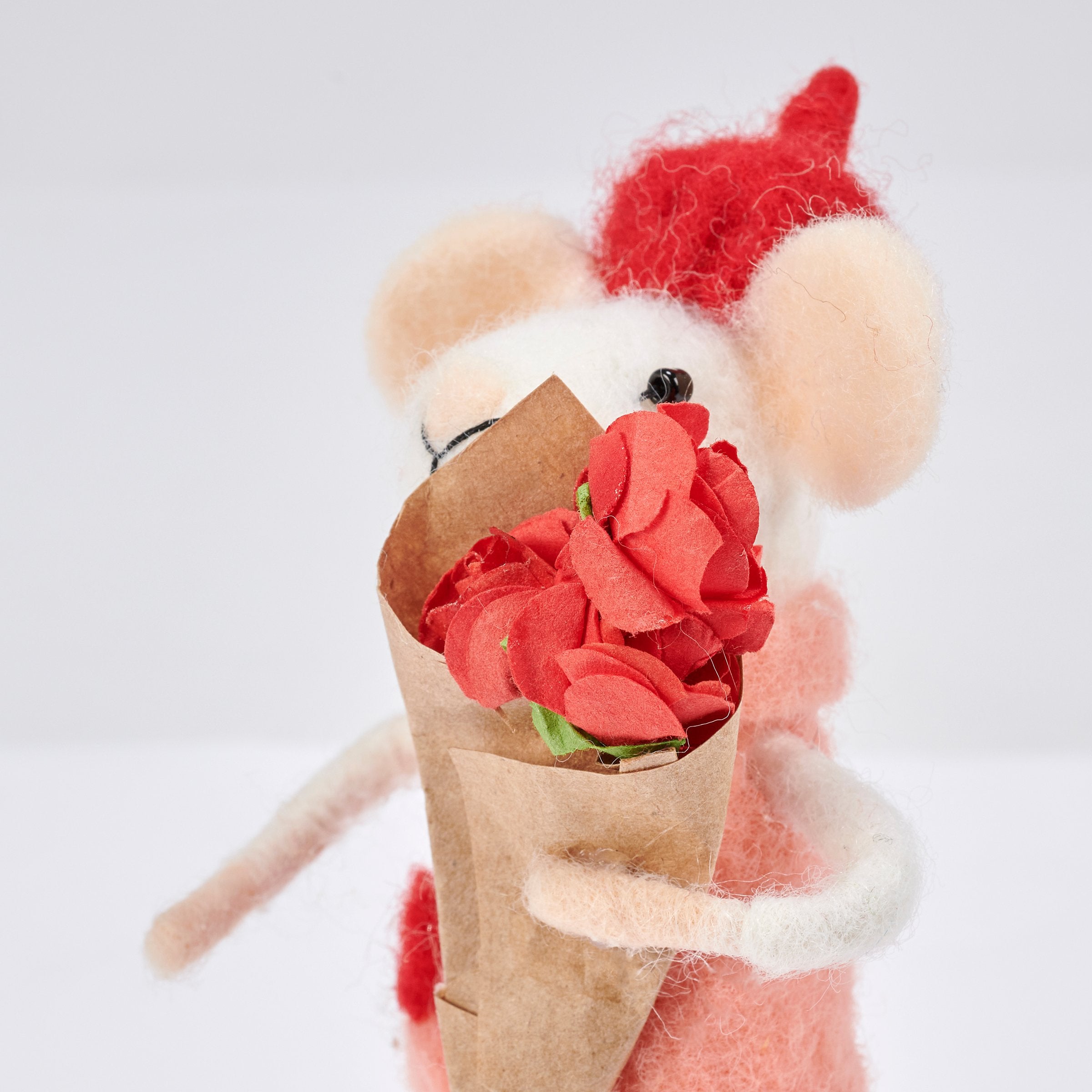 Charming Felt Mouse Critter with Red Paper Rose Bouquet Decoration