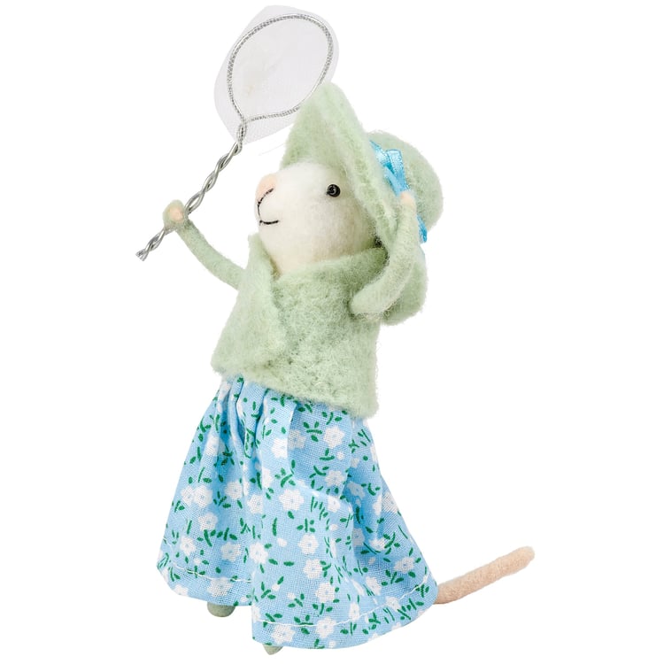 Charming Felt Mouse Critter Figurine with Floral Dress and Butterfly Net