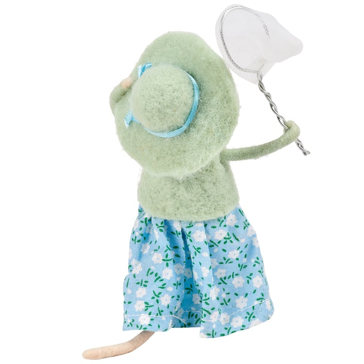 Charming Felt Mouse Critter Figurine with Floral Dress and Butterfly Net