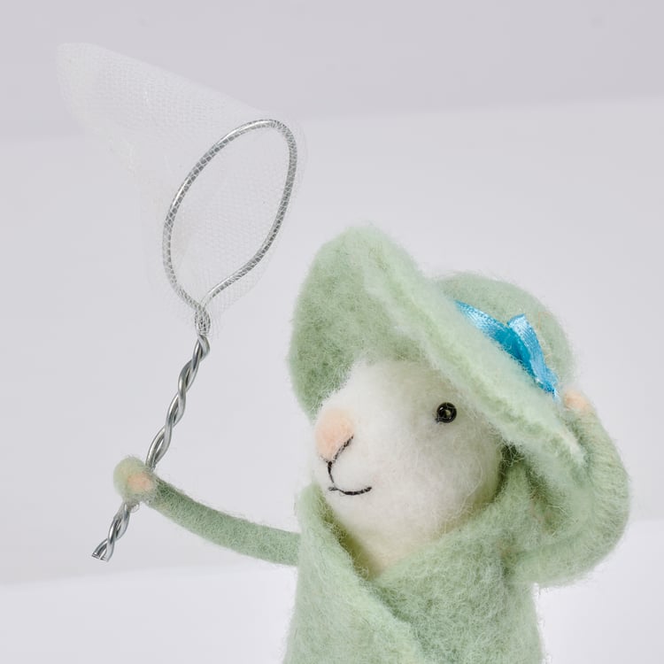 Charming Felt Mouse Critter Figurine with Floral Dress and Butterfly Net