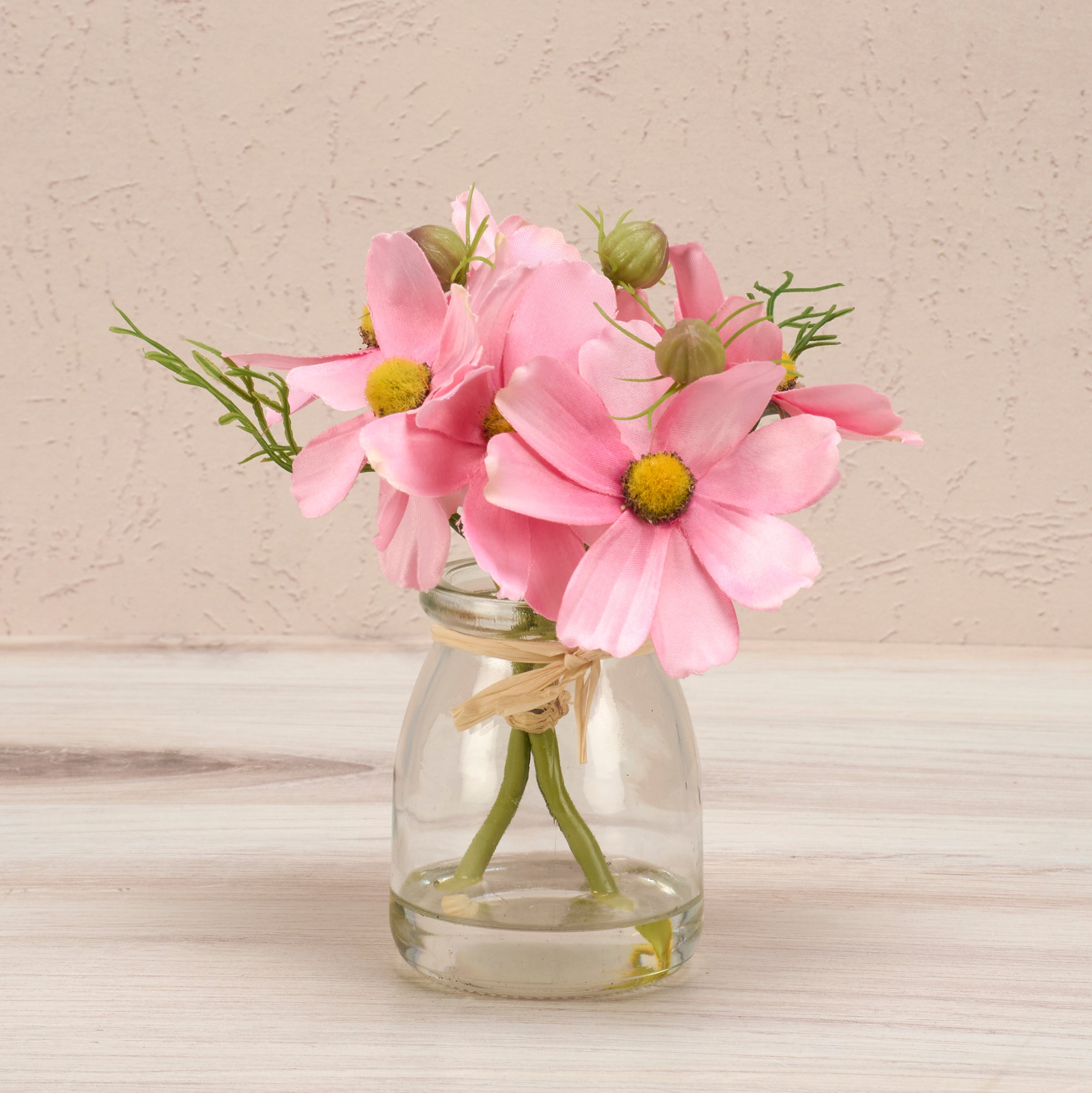 Charming Pink Cosmos Faux Floral Arrangement in Glass Vase, Zero Maintenance