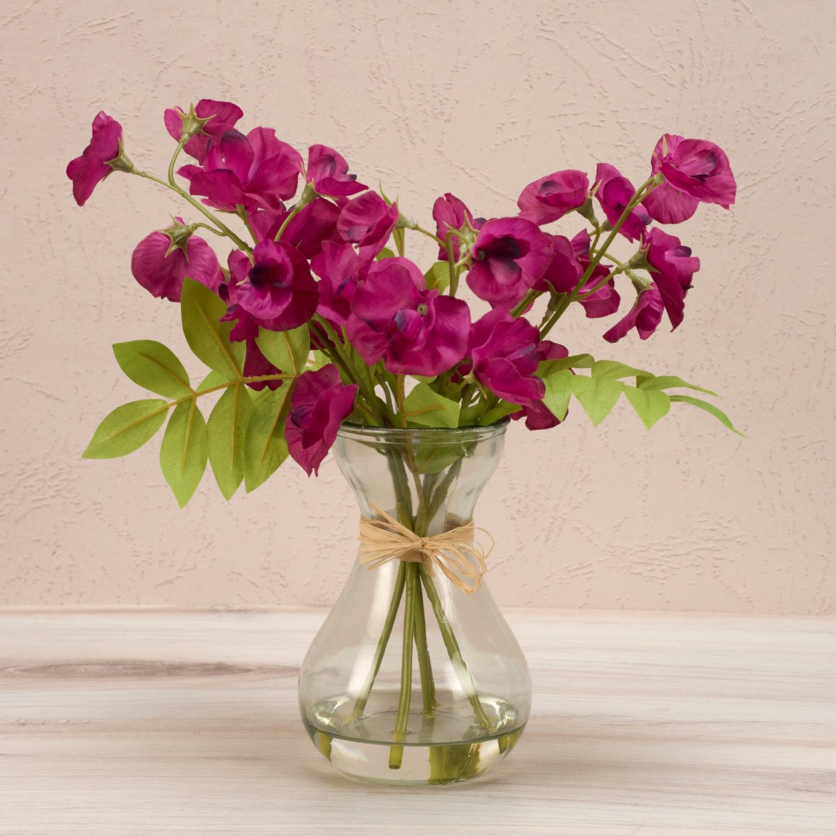 Charming Faux Sweet Pea Bouquet Glass Vase - Realistic Floral Home Decor