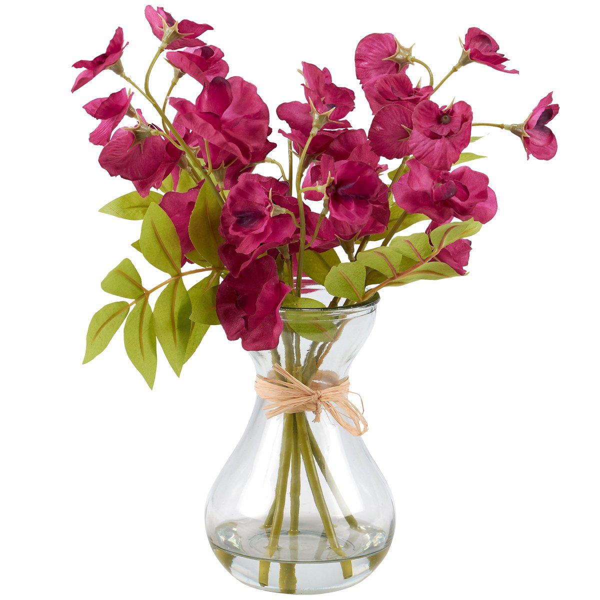 Lifelike Sweet Pea Floral Arrangement Glass Vase Home Decor Accent