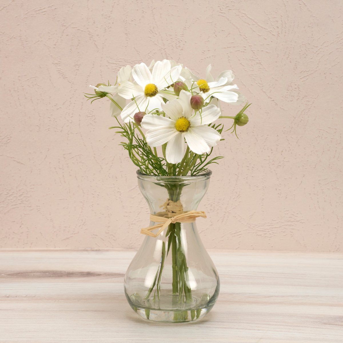 Elegant Faux Cosmos Floral Bouquet Glass Vase with Realistic Water Fill