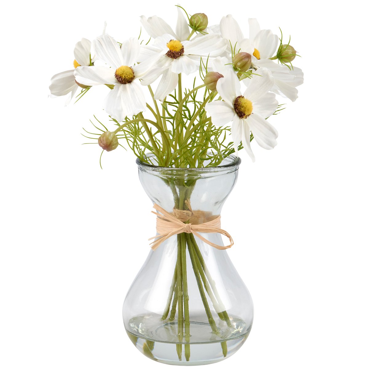 Elegant Faux Cosmos Floral Bouquet Glass Vase with Realistic Water Fill