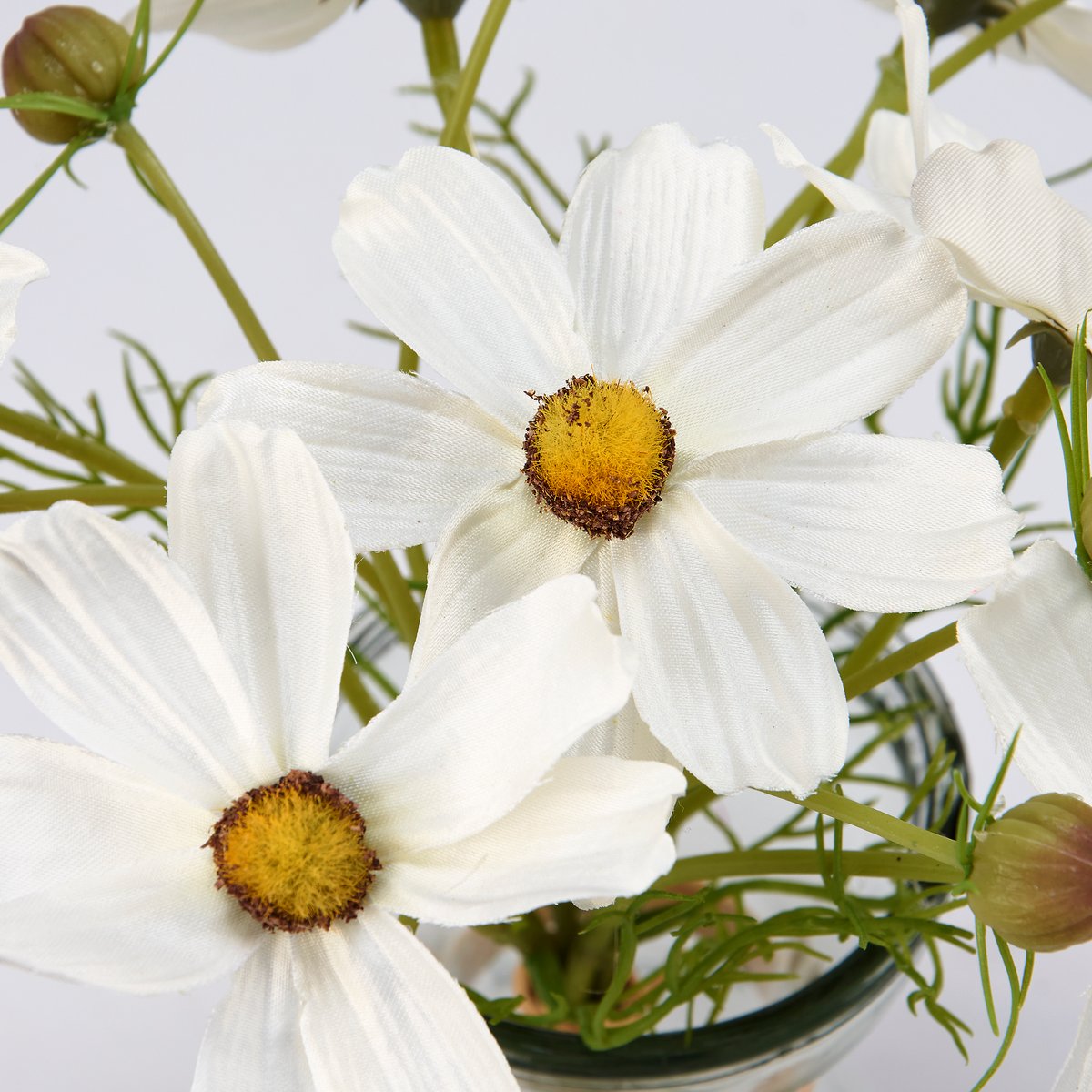 Elegant Faux Cosmos Floral Bouquet Glass Vase with Realistic Water Fill