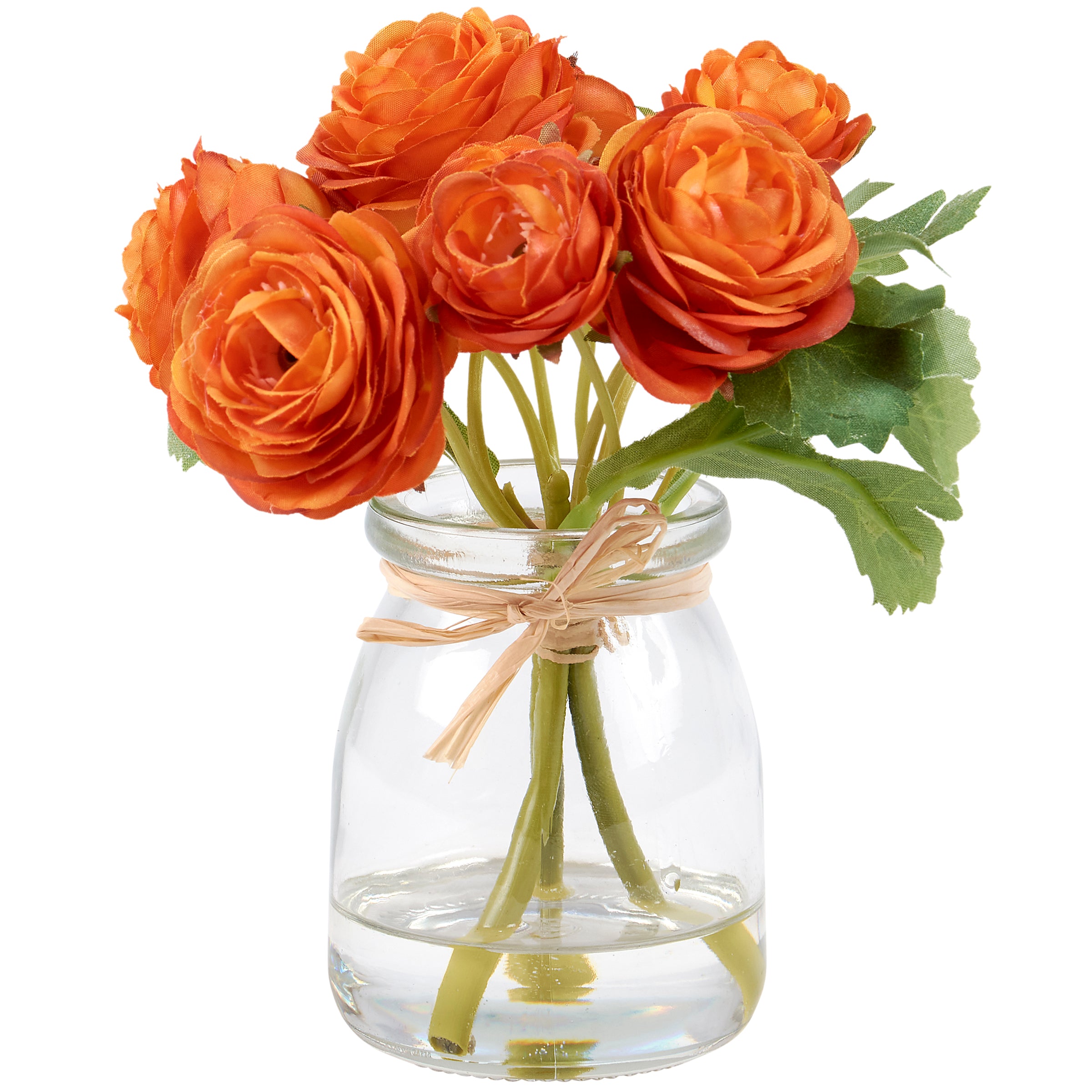 Small Glass Vase with Realistic Orange Roses Bouquet, Faux Floral Decor, 6-inch