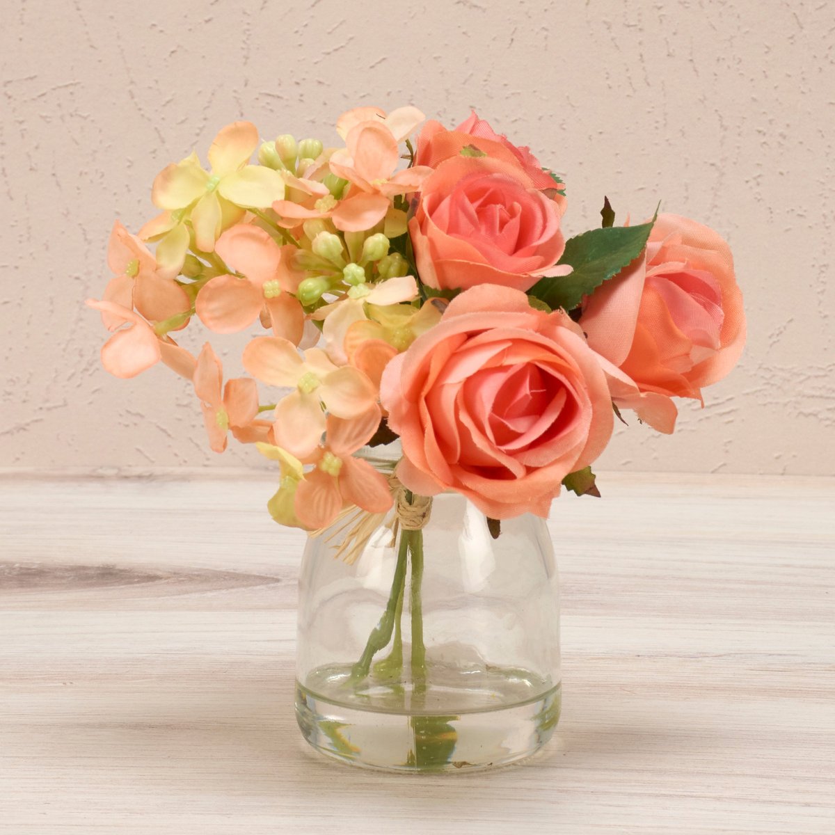 Charming Lifelike Peach Roses Glass Vase Floral Arrangement Home Decor