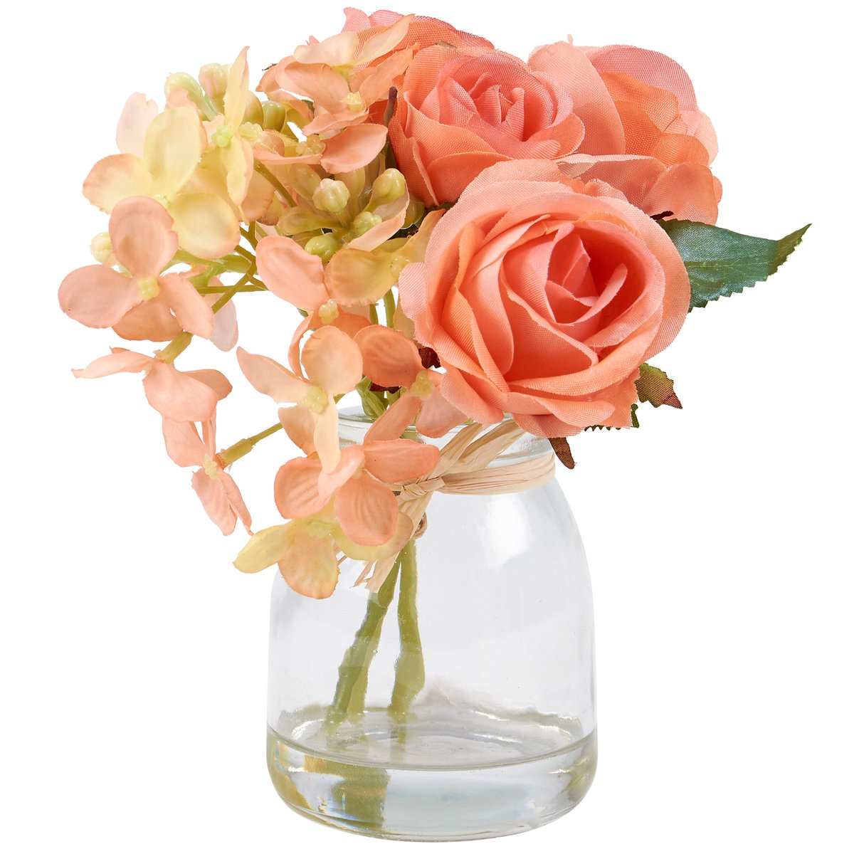 Charming Lifelike Peach Roses Glass Vase Floral Arrangement Home Decor