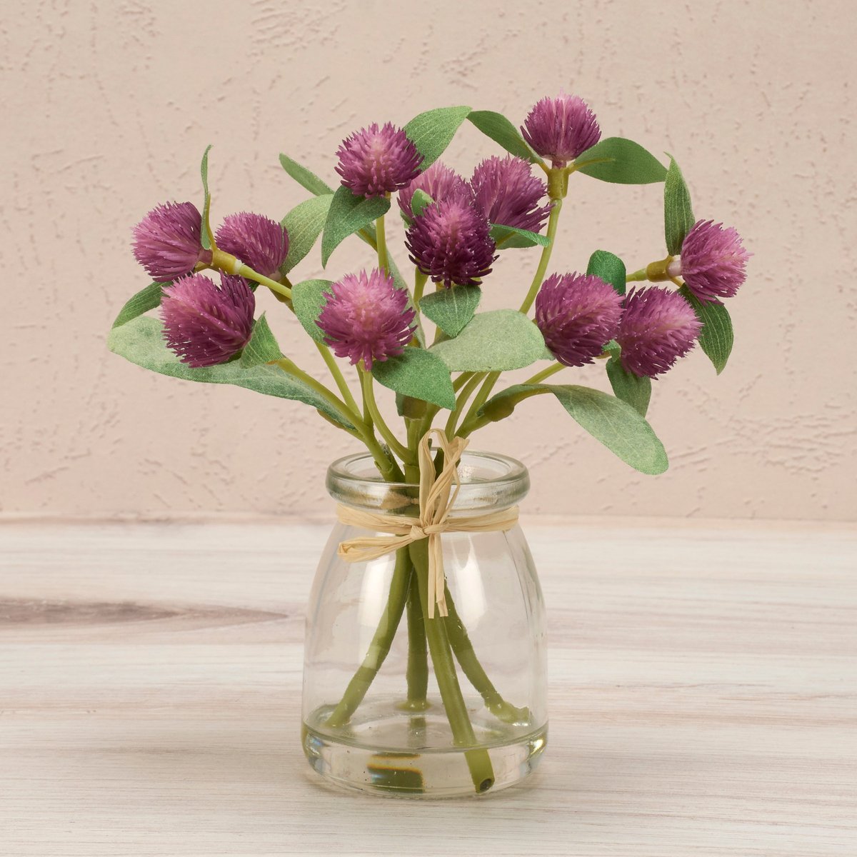 Lifelike Faux Globe Amaranth Floral Arrangement in Clear Glass Vase Home Decor