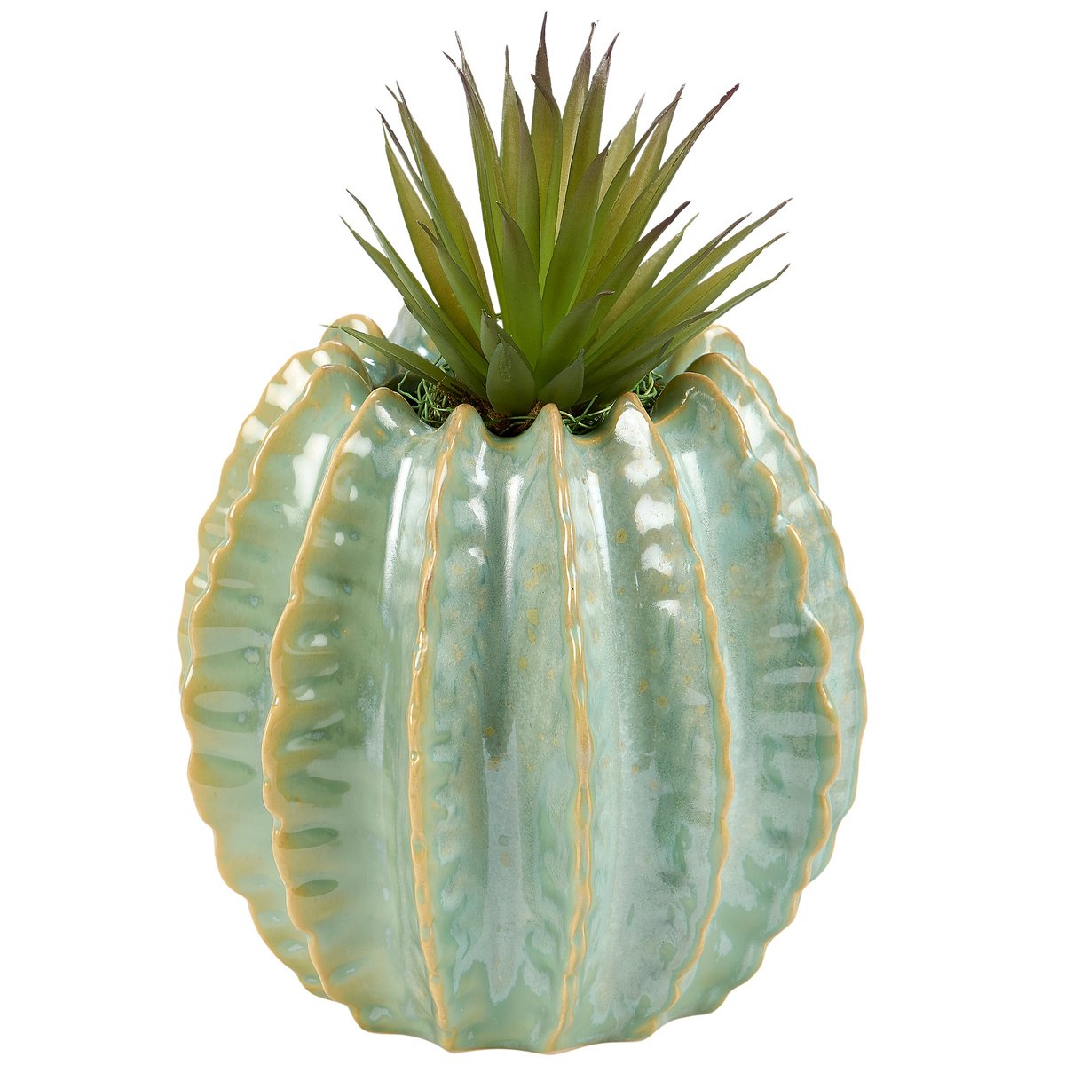 Charming Ceramic Barrel Cactus Planter, Western Green Gloss Sculpted Succulent Decor