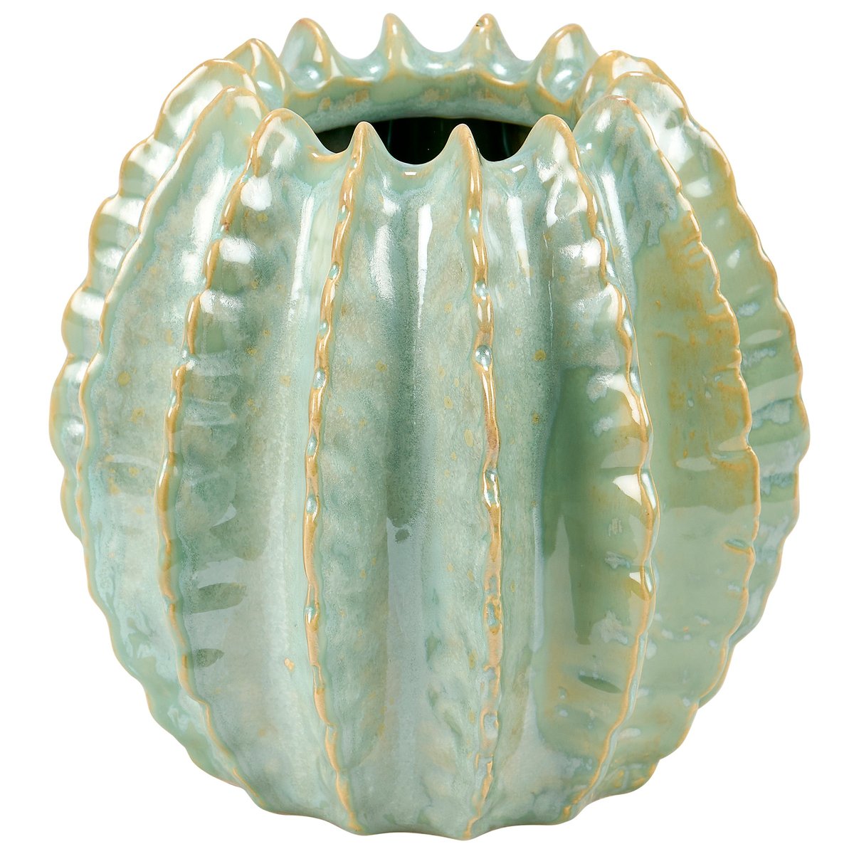 Charming Ceramic Barrel Cactus Planter, Western Green Gloss Sculpted Succulent Decor