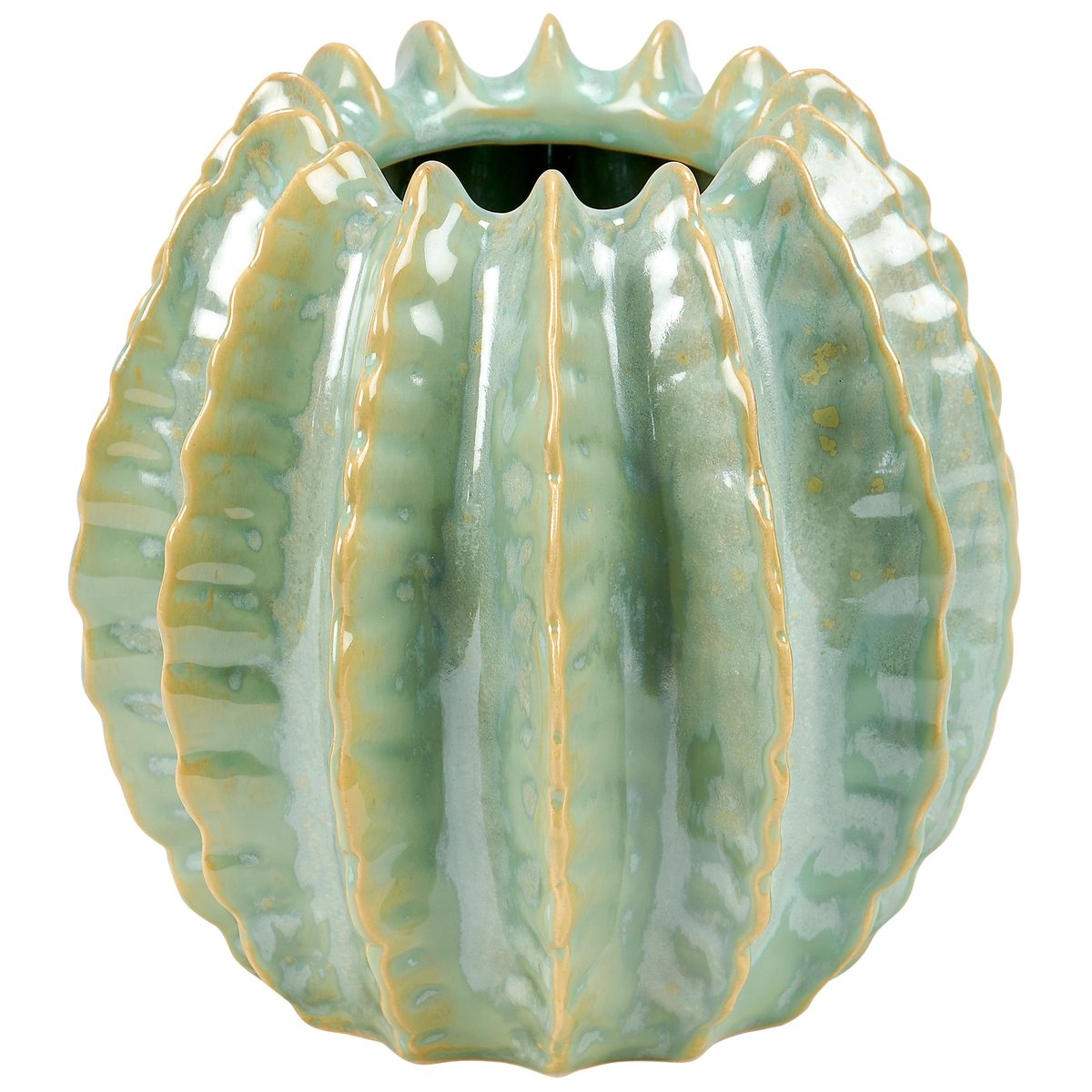 Charming Ceramic Barrel Cactus Planter, Western Green Gloss Sculpted Succulent Decor
